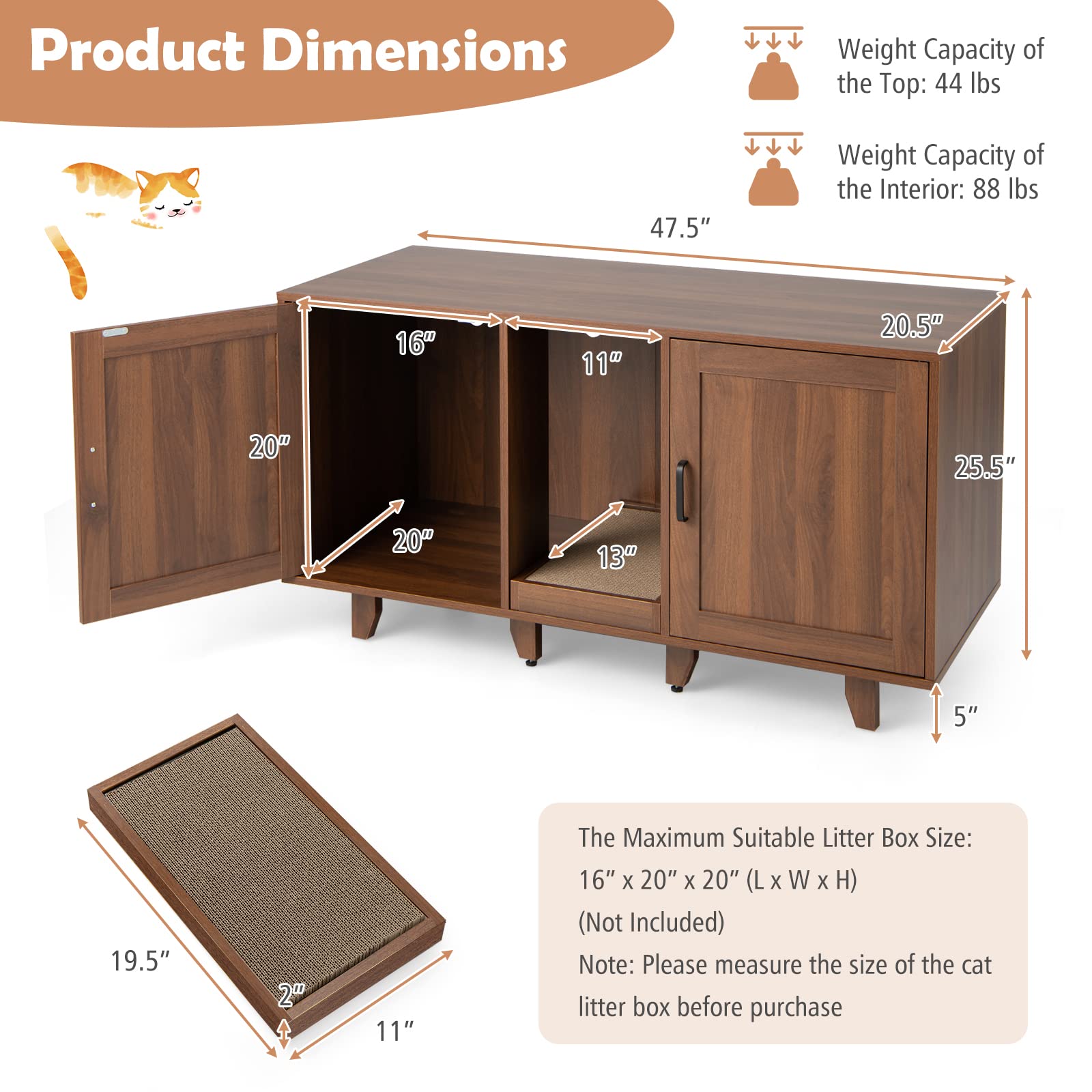 Petsite Cat Litter Box Enclosure Furniture For 2 Cats, Large Litter Box Cabinet With Scratching Board, And Adjustable Foot Pads, Indoor Cat House Tv Stand Side Table, Double Hidden Litter Box