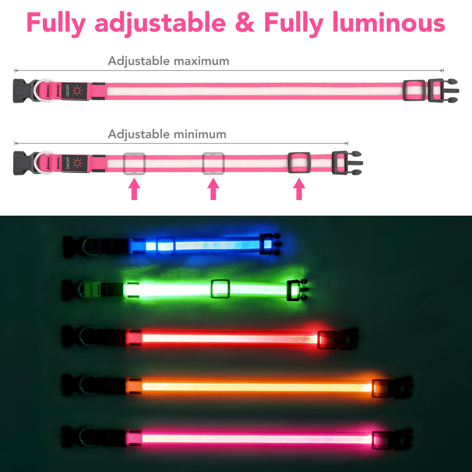 VIZPET LED Dog Collar - Adjustable, USB Rechargeable, Super Bright Safety Light, Small (11.02-15.74 inch), Pink, Model vp-pink-s