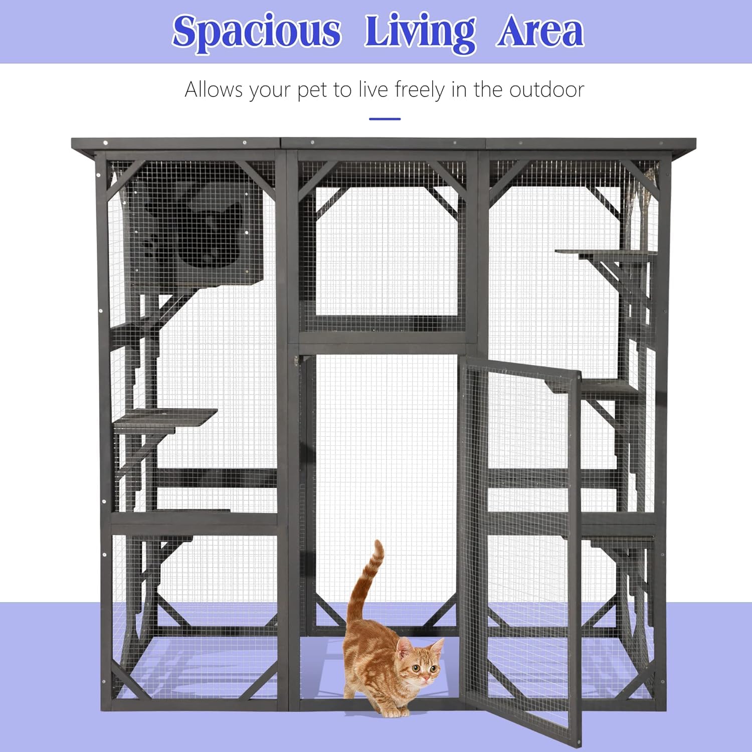 Titimo Catio Outdoor Cat Enclosure Large Wooden Outdoor Cat House With Small House, Cat Cage With 6 Platforms And Weather Protection (Gray,63' X 31.1' X 59.33')