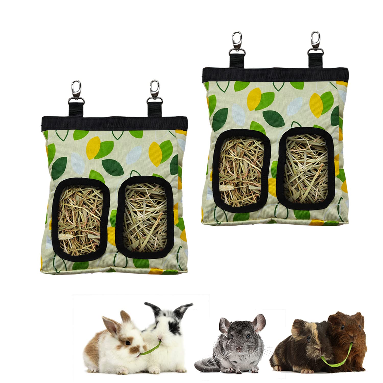 Guinea Pig Hay Feeder, Hanging Rabbit Hay Feeder Bag for Guinea Pigs Bunnies Chinchillas. M, Green Leaves, 2 Count