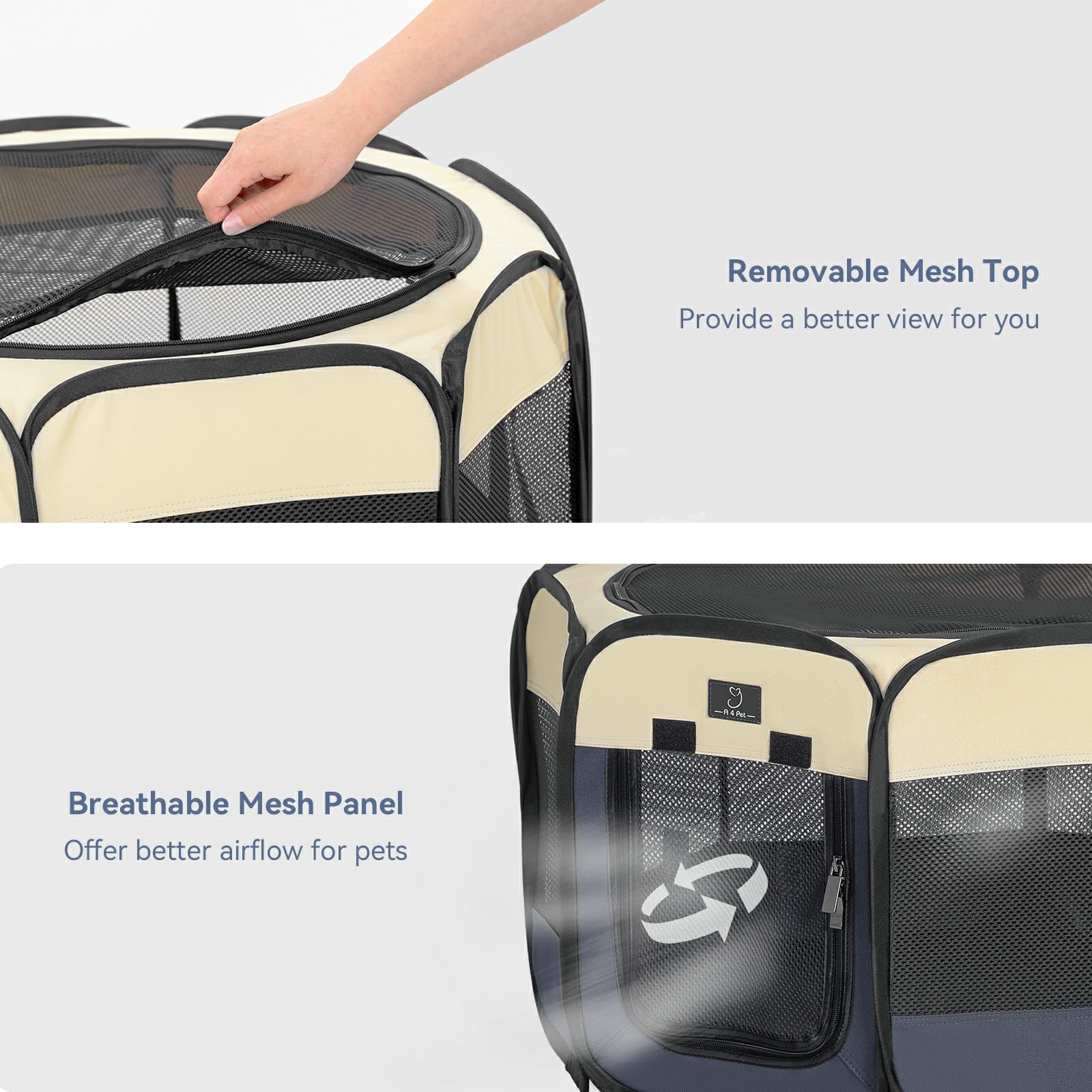 A 4 Pet Portable Dog Playpen, Medium 39.5"x39.5"x20", Blue/Beige, Removable Zipper, Collapsible Bowl, Indoor/Outdoor Use