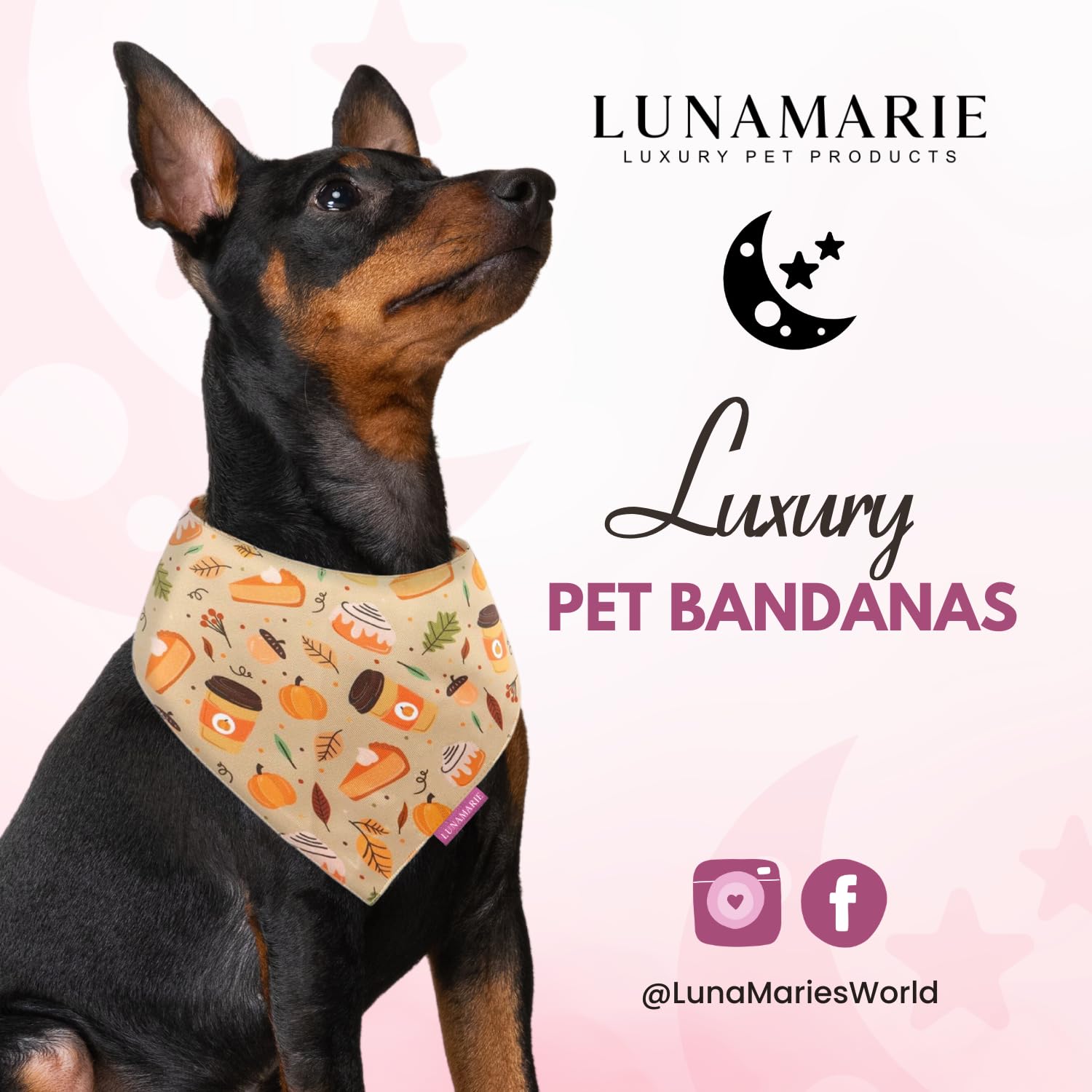 Lunamarie - Luxury Dog Bandanas - Pumpkin Spice Fall Design | Premium & Silky Poly Fabric | 100% Handmade Quality | Custom Shape