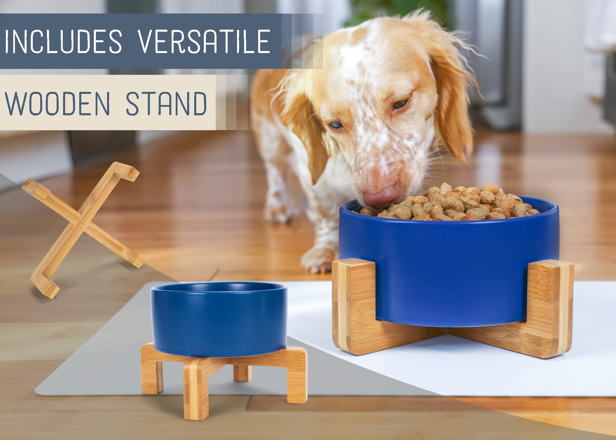 Nat & Jules Small Navy 6 Inch Stoneware Ceramic And Wood Pet Bowl With Stand