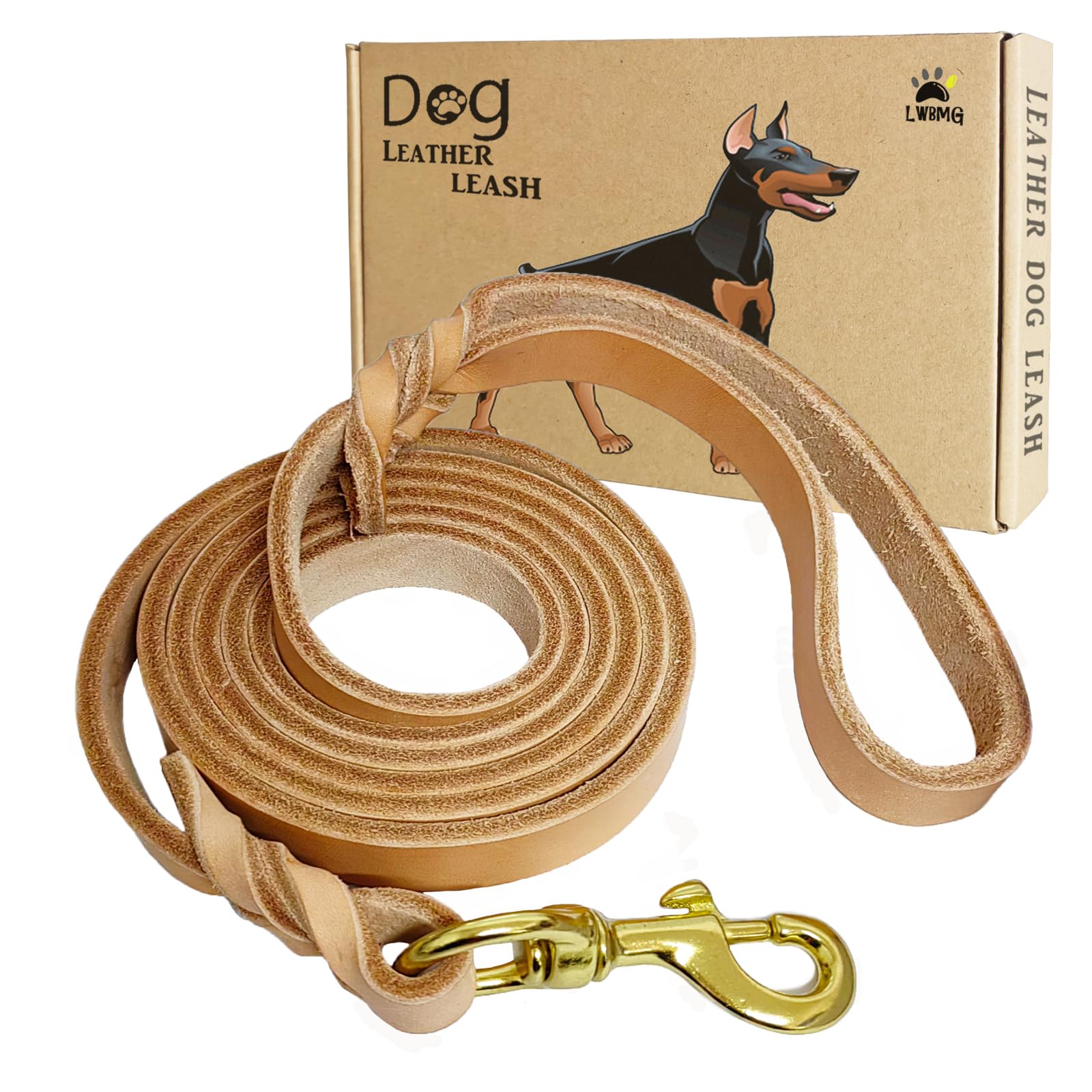 Lwbmg Leather Dog Leash - 6Ft X 1/2 Inch Heavy Duty, Braided, Comfortable For Large, Medium & Small Dogs - Training Tan