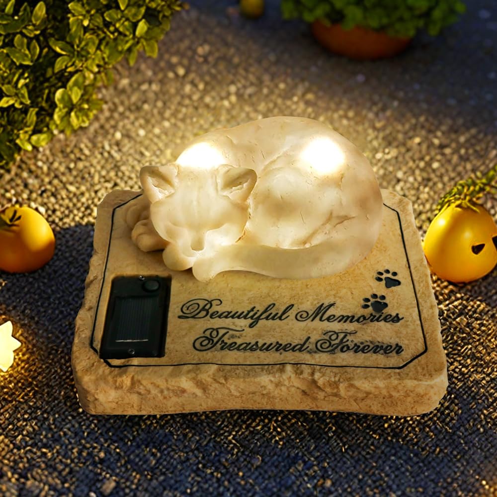 Solar Light Memorial Stones With Sleeping Cat Statue - Auto Glow Night Cat Grave Markers - 8'X6.5'X3'