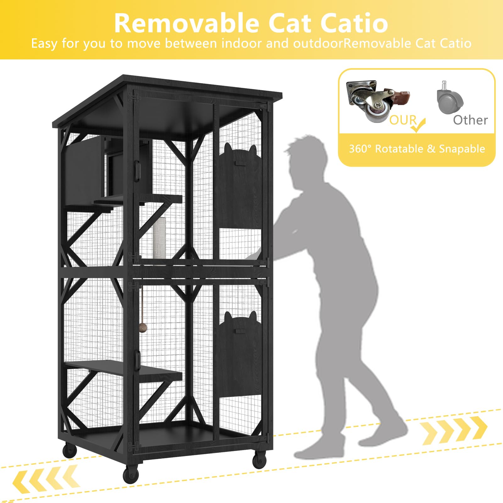 Roomtec Catio Outdoor Enclosure With Roof - 71'' Height Wooden House, Large Cage With 3 Jumping Platforms And 1 Napping House Fo