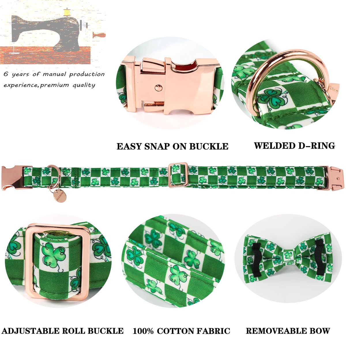 Dogwong St.Patrick'S Day Dog Collar Green Clovers Plaid Bowtie Dog Necklace Adjustable Dog Collar Bow Tie For Small Medium Large