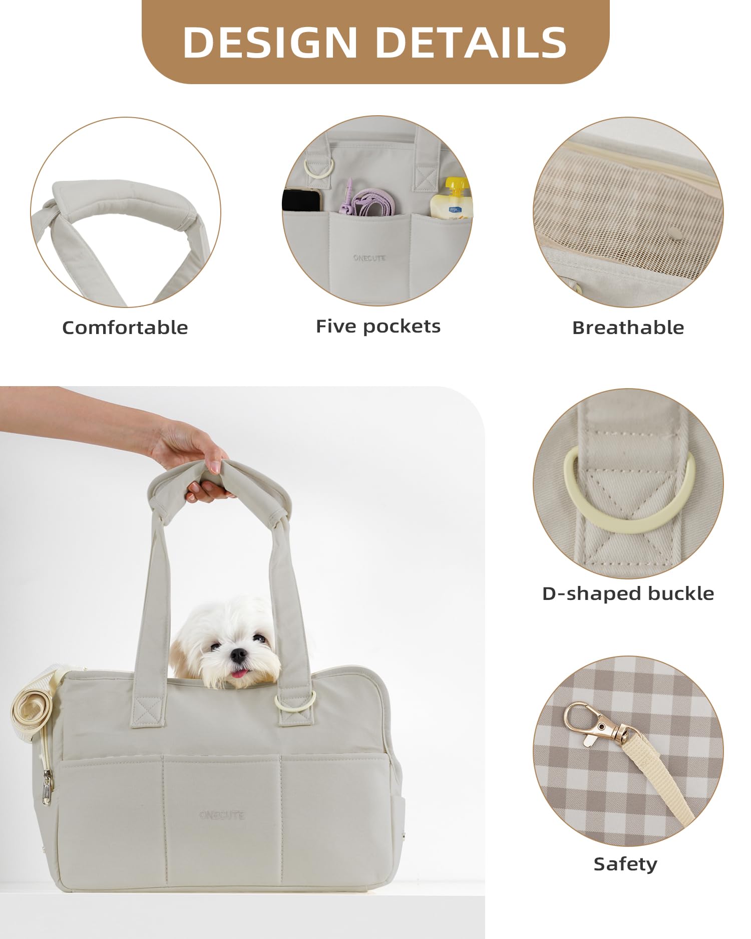 ONECUTE Dog Carrier for Small Dogs, Cotton Soft-Sided Bag, Grey, 17" L x 7.5" W x 12" H, Model C01-US, Collapsible