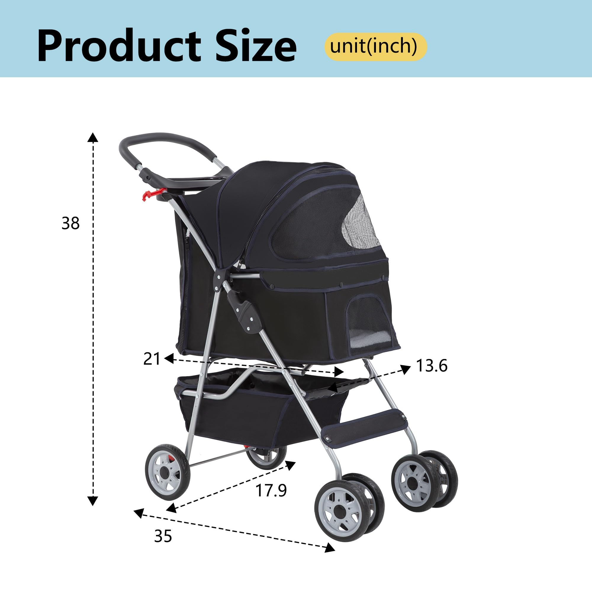 FDW Pet Stroller 4-Wheel Dog Cat Stroller Travel Folding Carrier with Cup Holder and Removable Liner for Small Medium Dogs Cats,