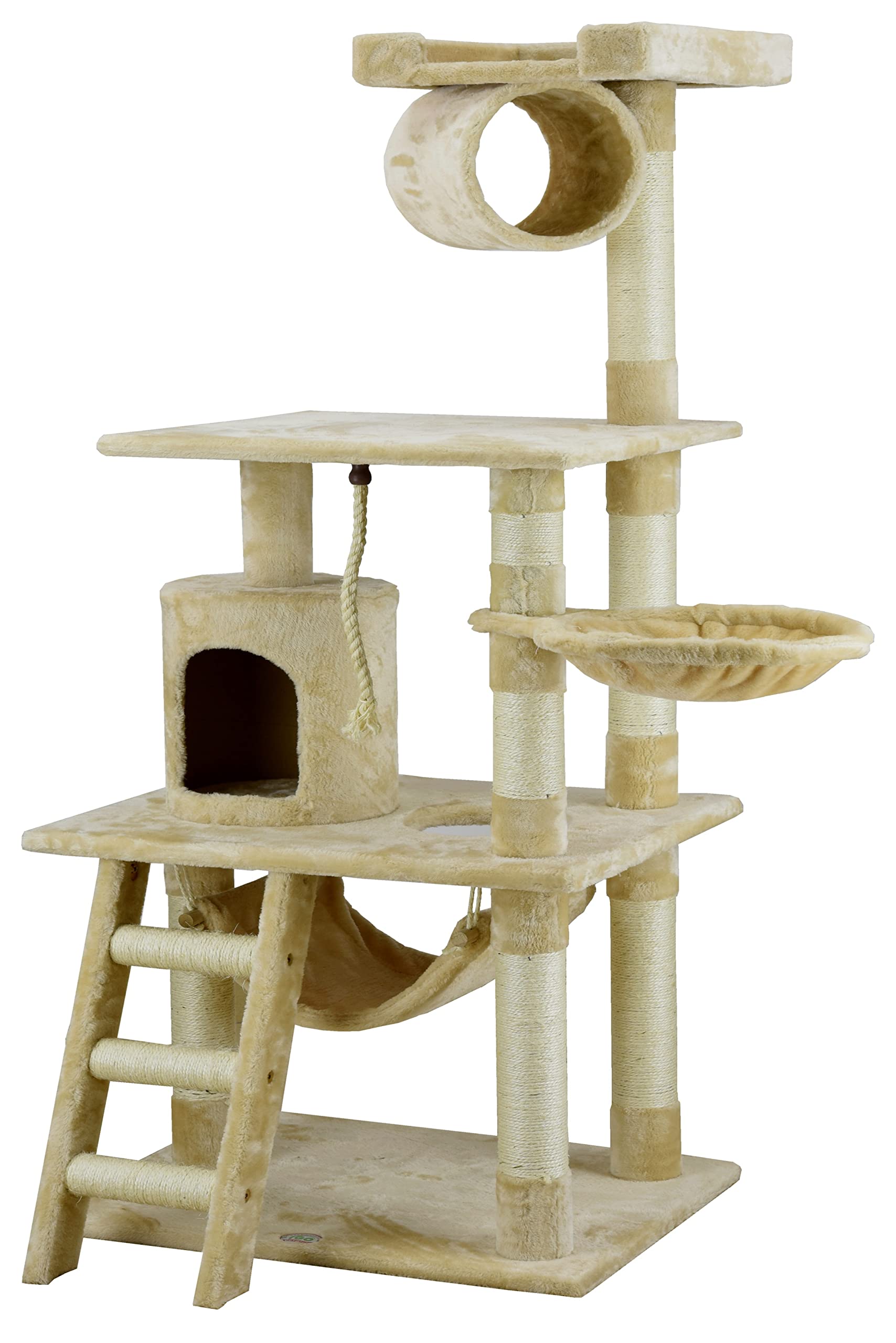 Go Pet Club Classic Cat Tree, Faux Fur Finish, Sisal Rope Scratcher, 62H, Beige