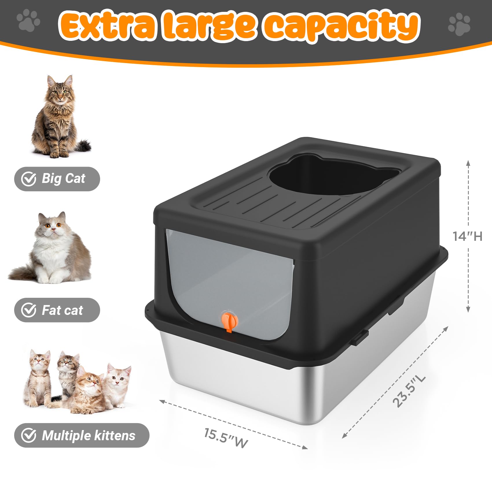 Lihoooom Litter Box With Lid, Stainless Steel Litter Box Xl, 14'' H Metal Cat Box With High Sides Wall Enclosure, Cat Pan, Non-S