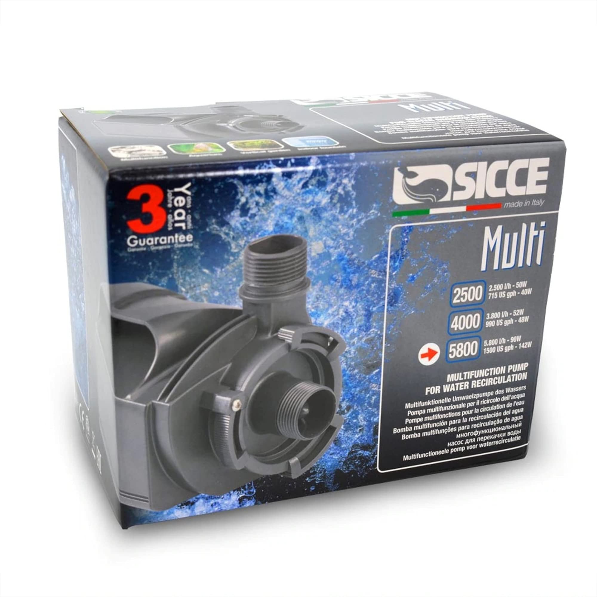 Sicce Multi 5800 Multifunction Aquarium Pump, 1500 Gph, Designed For Submerged And In-Line Use