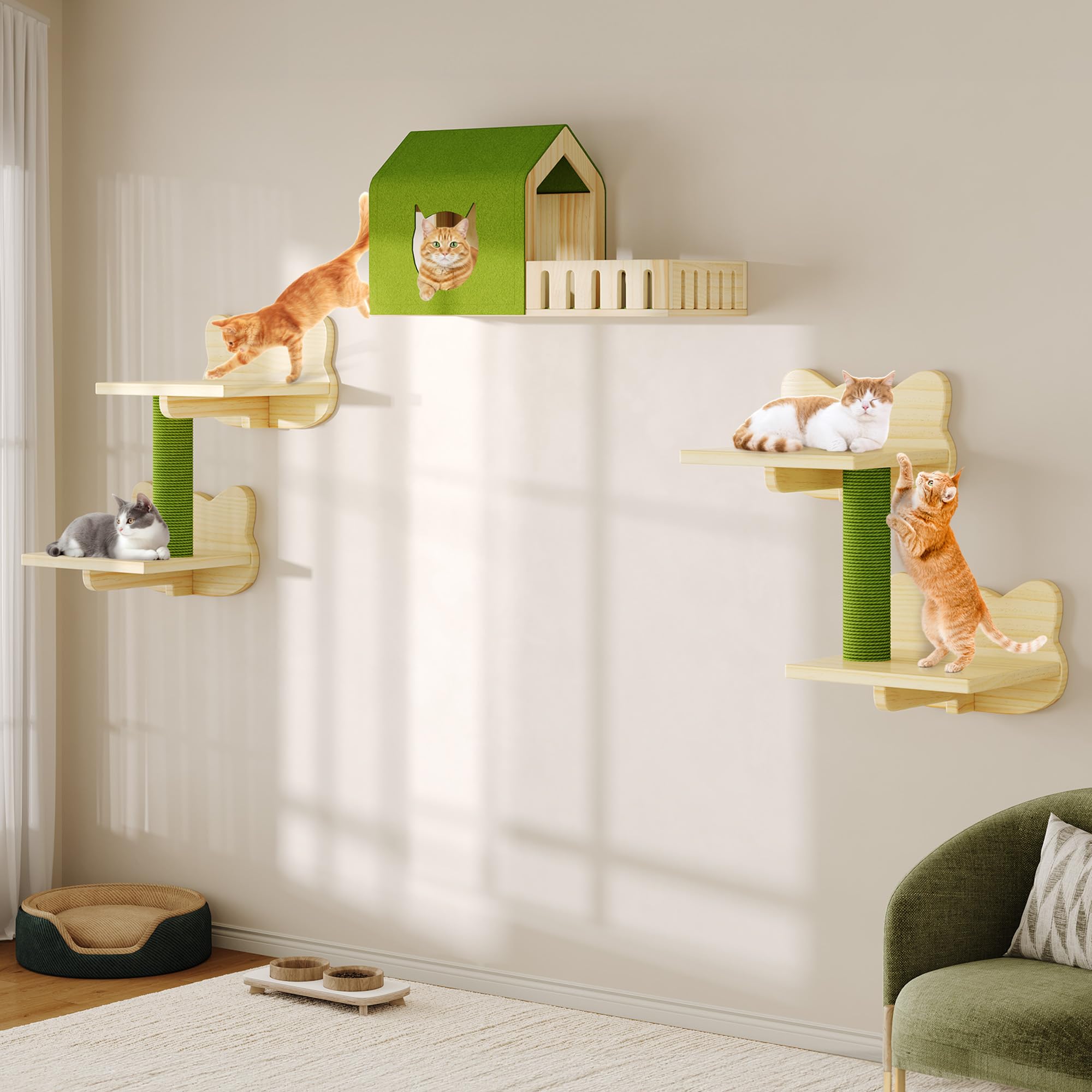 DWVO Cat Wall Shelves and Perches for Wall, Solid Wood Wall Mounted Cat Furniture, Set of 7 Cats Climbing Shelves for Large Cats