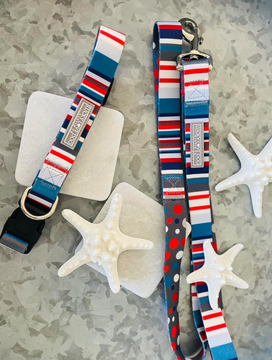 Lucky Love Nautical Polka Dot Blue Red White Striped Dog Leash - Durable & Long Lasting - Small, Linus Leash