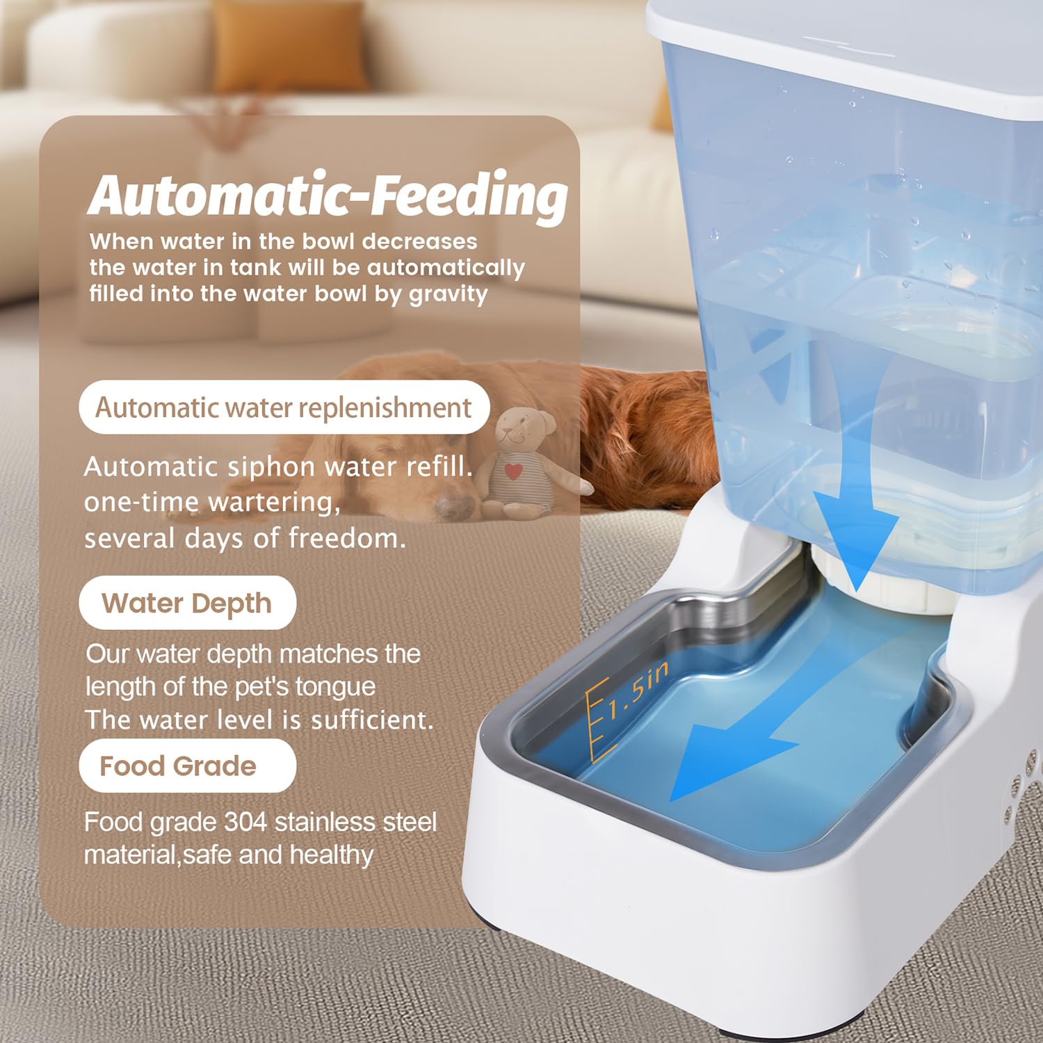 Leefele Automatic Pet Waterer - 5.4L Dog Water Dispenser, Stainless Steel Feeder for Cats & Medium/Large Dogs, White