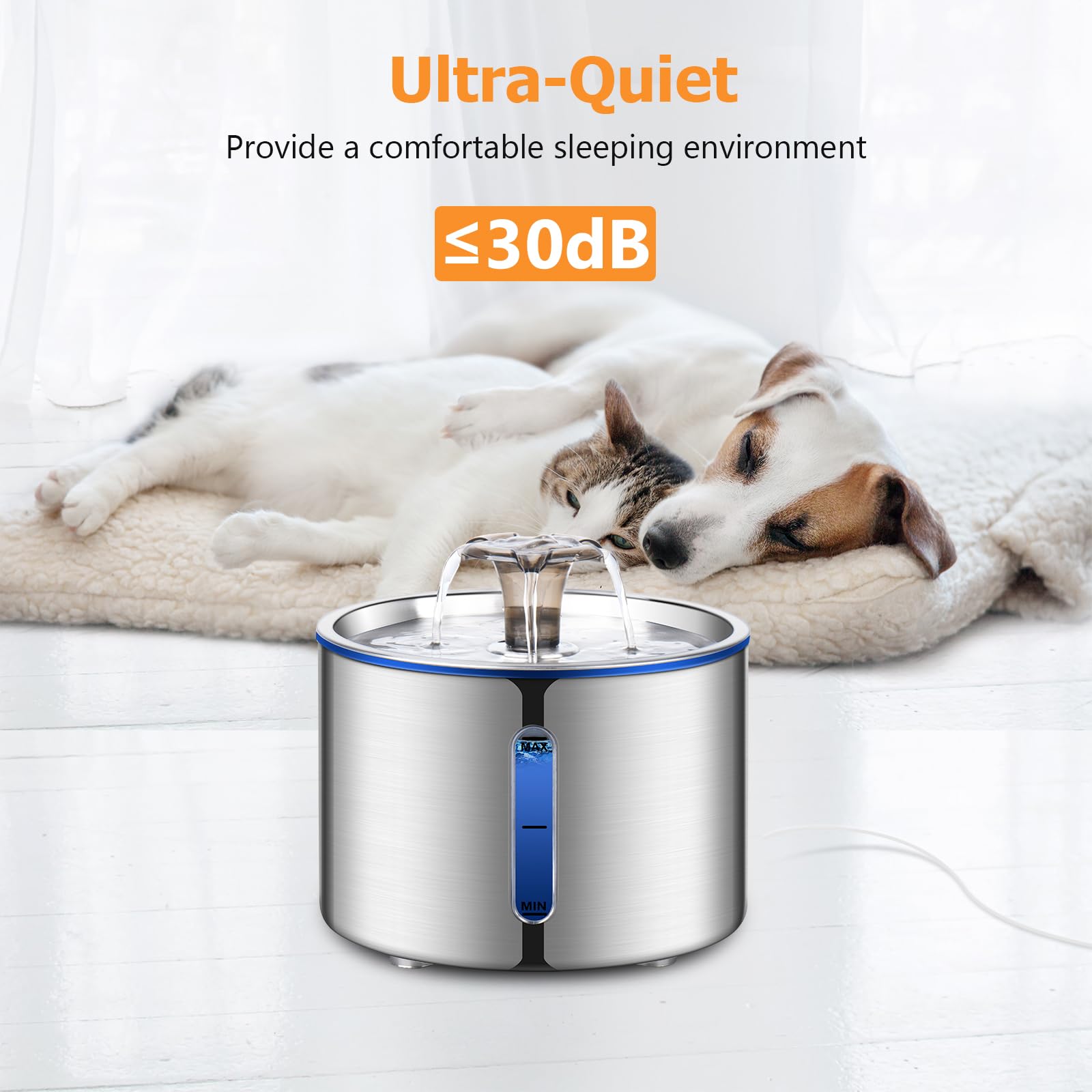 BOORCA Cat Fountain, 2.5L Stainless Steel Automatic Water Dispenser with Ultra-Quiet Pump, Perfect for Cats and Dogs - Model CWF-01