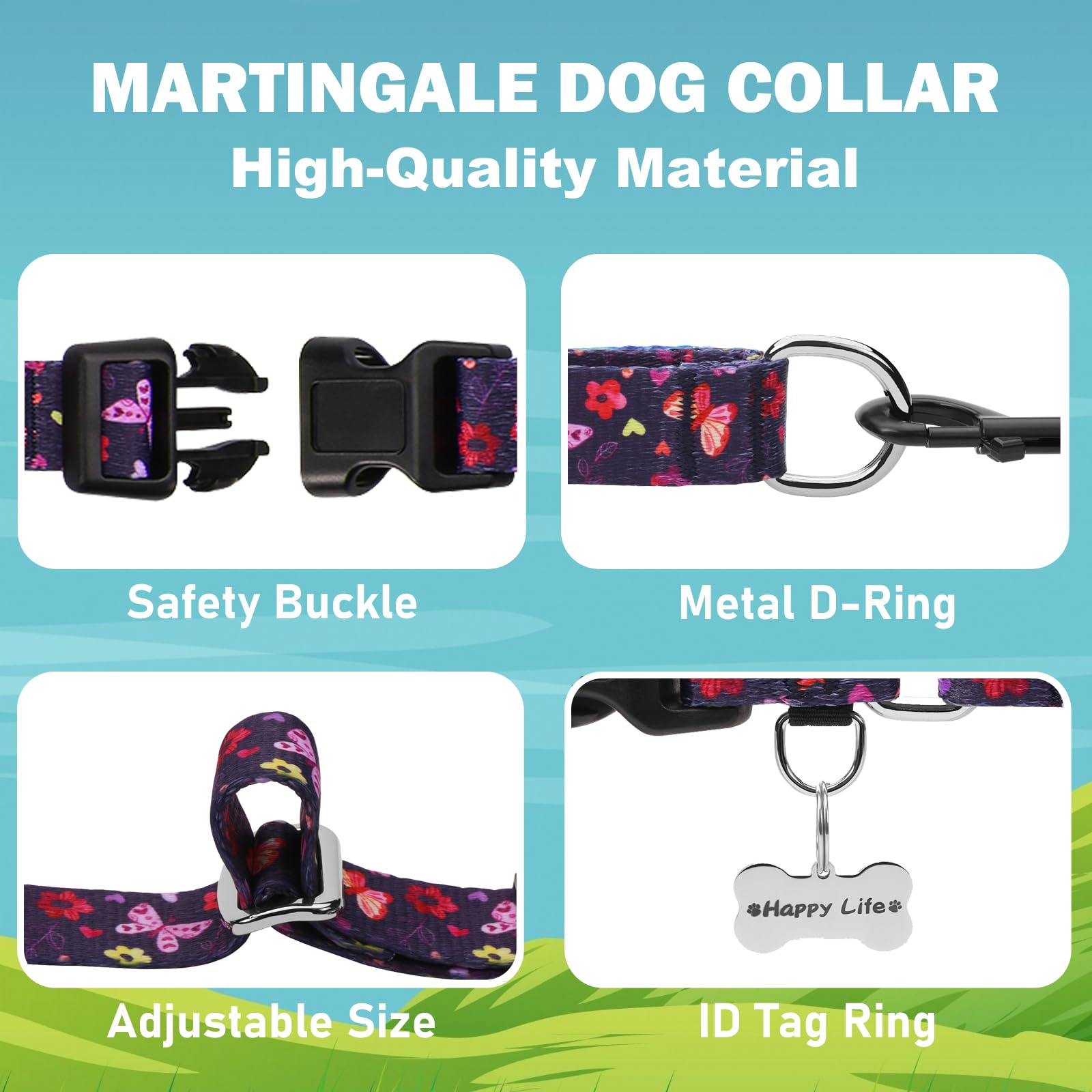 Fidohug Martingale Collar With Buckle Purple Nylon Adjustable Cute Girl Female Dog Collars (Butterfly Floral, Medium)