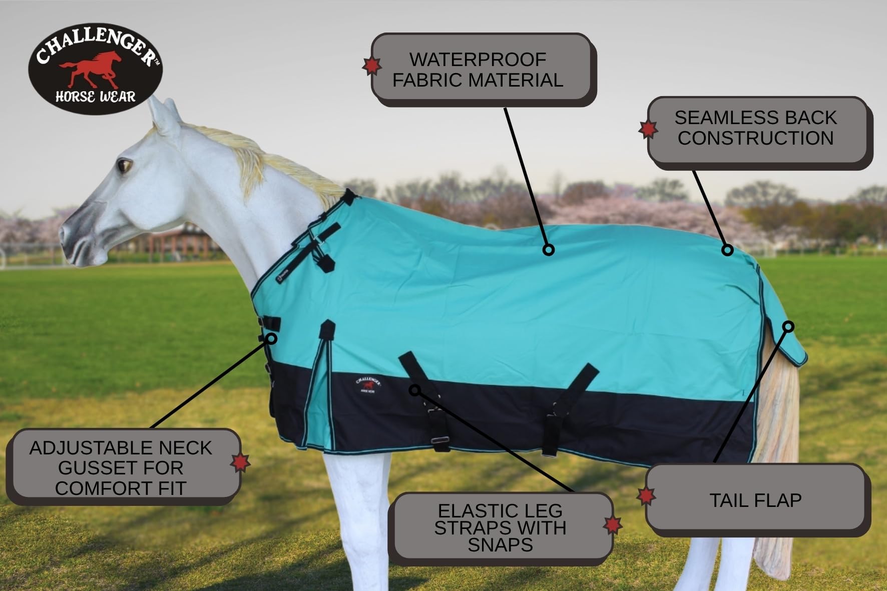 Challenger 60'' 1200D Turnout Waterproof Rain Horse Light Winter Blanket Fleece Lined 367Lg
