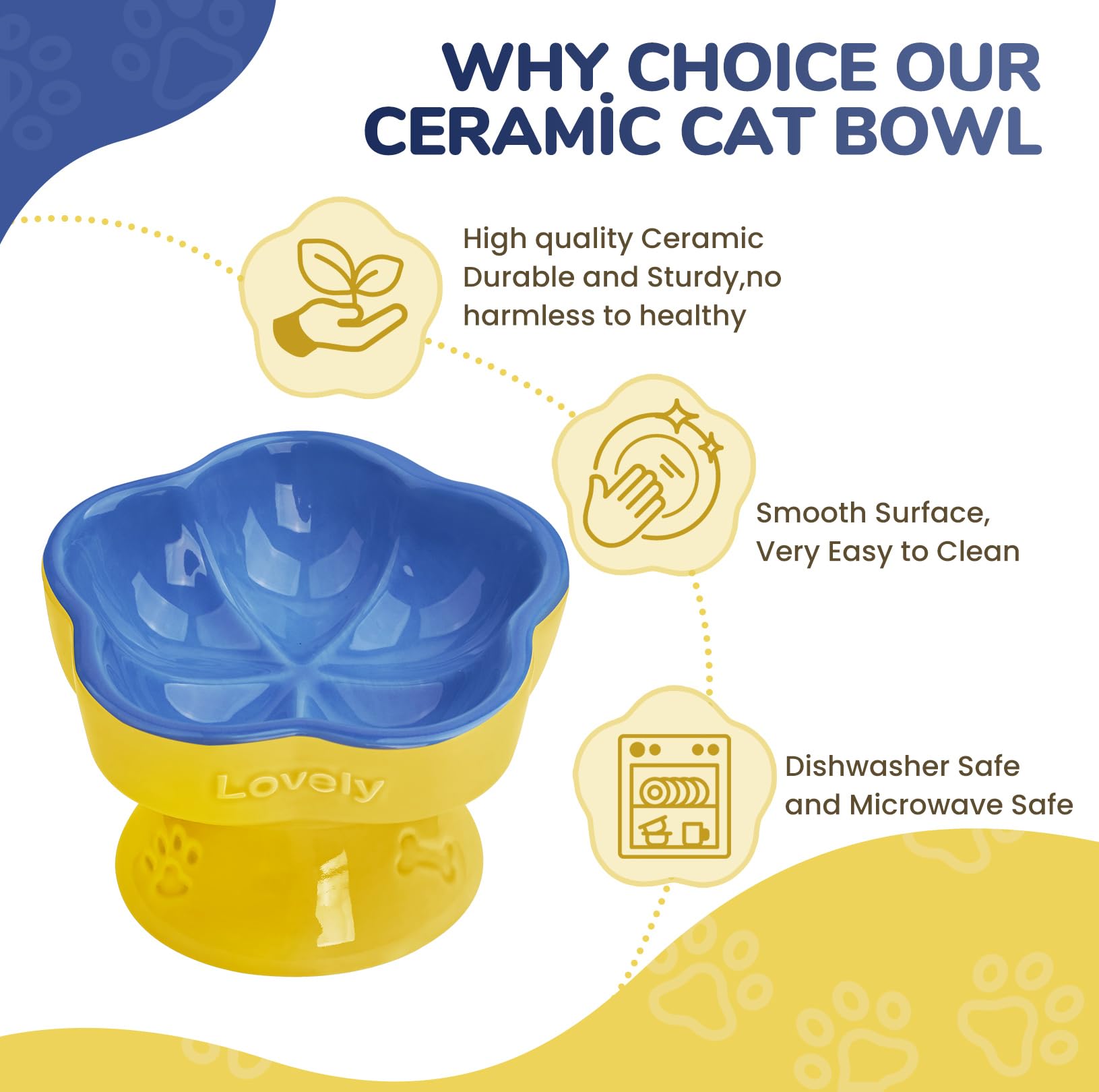 S&Qs CERAMICS Raised Cat Bowl, Elevated Cat Bowl for Food and Water, Ceramic Titled Dish, Anti Vomit & Whisker Friendly, Microw