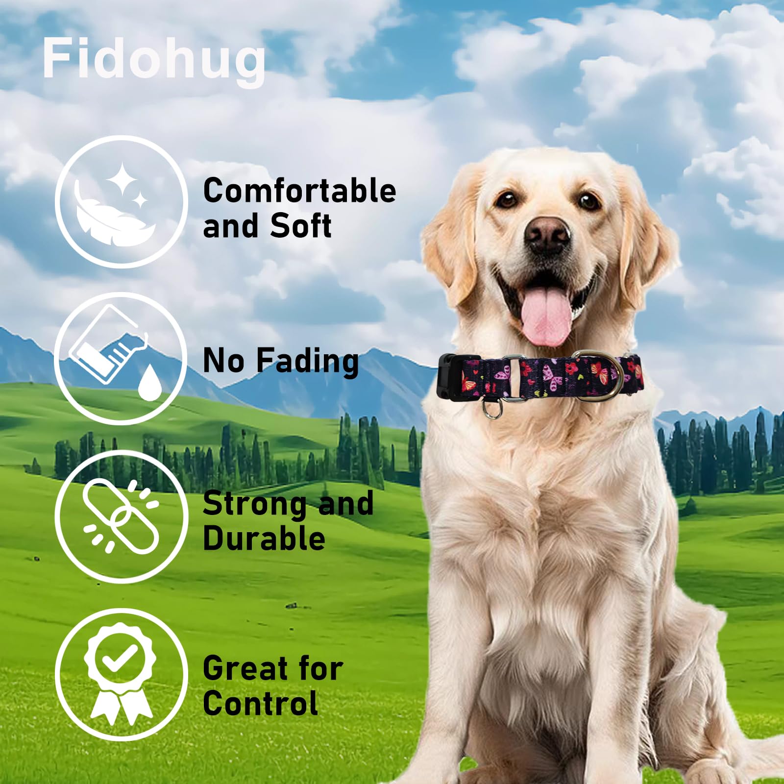 Fidohug Martingale Collar With Buckle Purple Nylon Adjustable Cute Girl Female Dog Collars (Butterfly Floral, Medium)