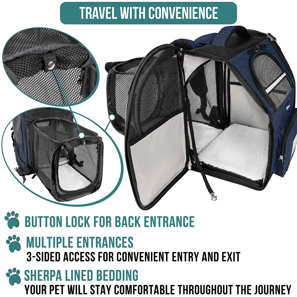 Petami Dog Cat Backpack Carrier, Expandable Pet Carrier Backpack For Travel Hiking, Small Medium Dog Puppy Large Cat Carrying Backpack, Airline Approved Ventilated Soft Back Support, 18 Lbs, Navy