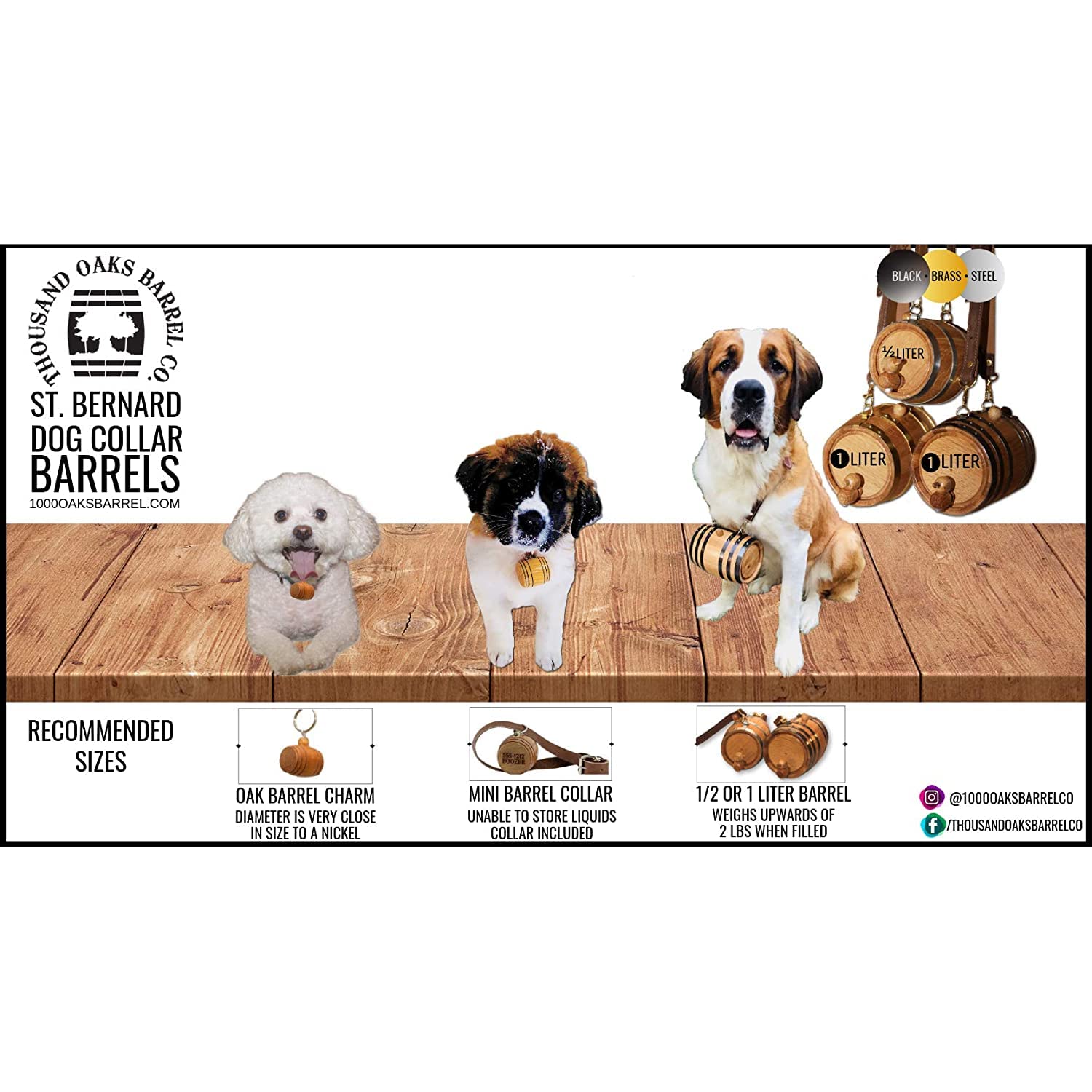 St Bernard Whiskey Barrel Collar For Dog, 'Hair Of The Dog' - 1/2 Liter Oak Aging Barrel Dispenser For Saint Bernard Dogs With Adjustable, Real Leather Harness Strap