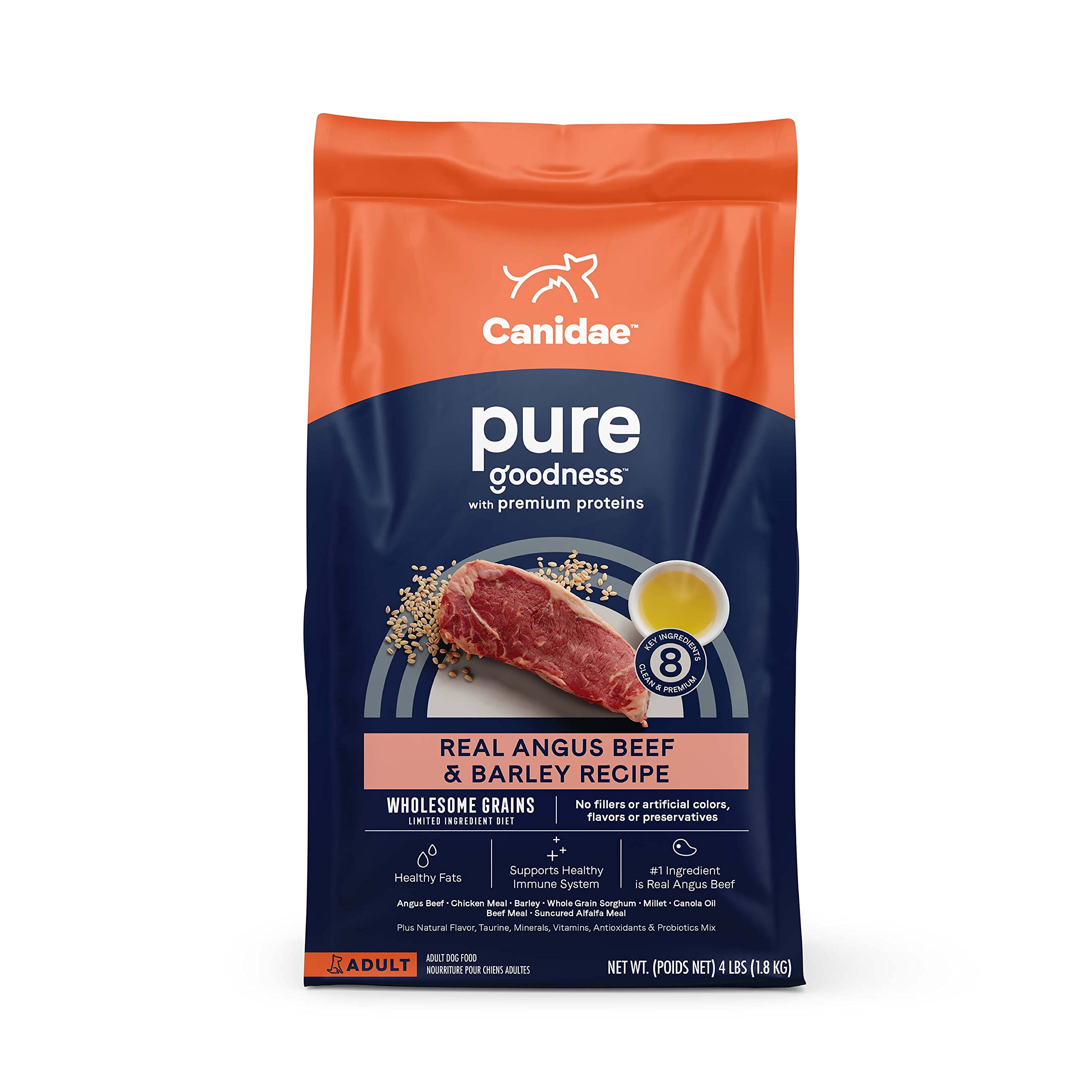 CANIDAE Pure Limited Ingredient Premium Adult Dry Dog Food, Real Beef & Barley Recipe, 4 lbs, with Wholesome Grains
