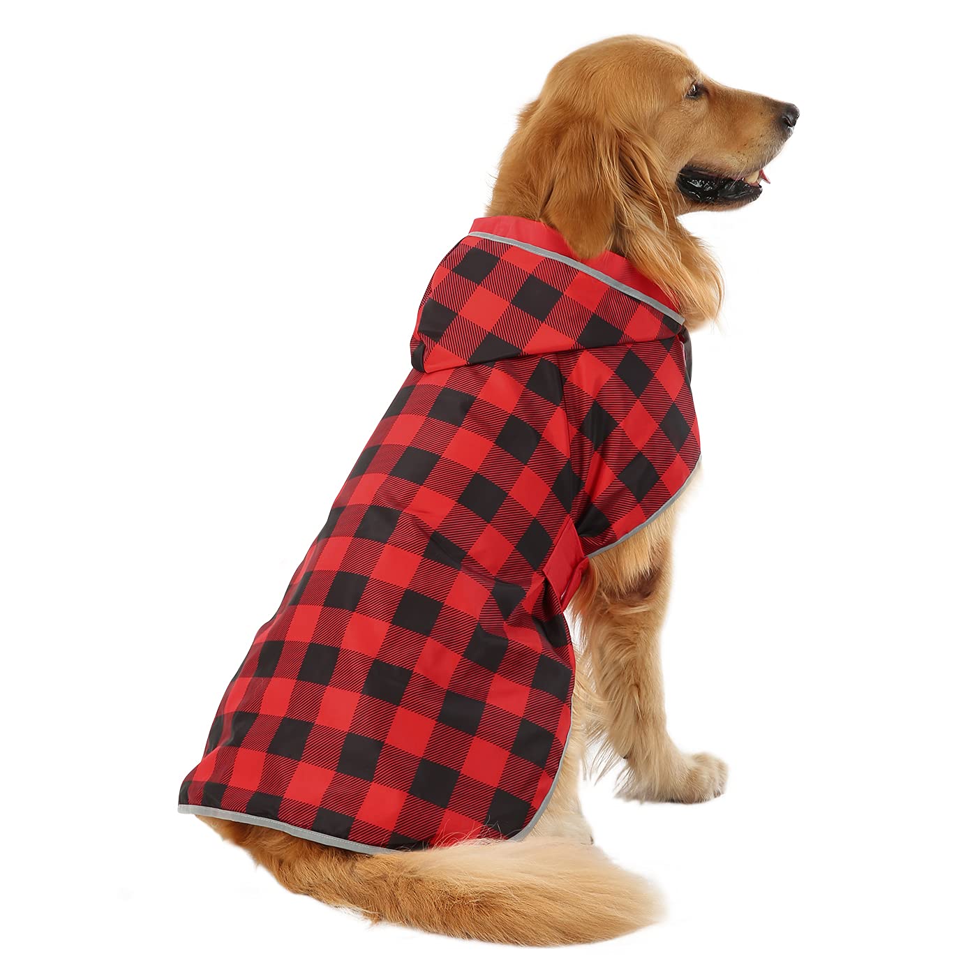 HDE Reversible Dog Raincoat Hooded Slicker Poncho Rain Coat Jacket for Small Medium Large Dogs Buffalo Plaid Red - L