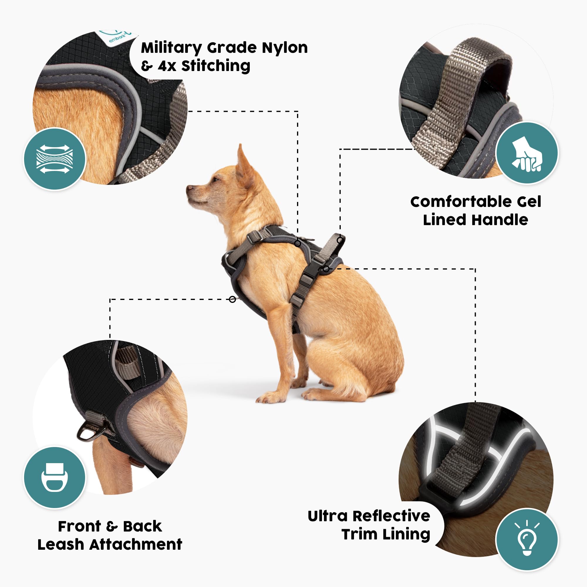 Embark Adventure Dog Harness, Reflective Trim Xl Harness For Extra Large Dogs No Pull - Military Grade Nylon, 2 Leash Clips & Ge