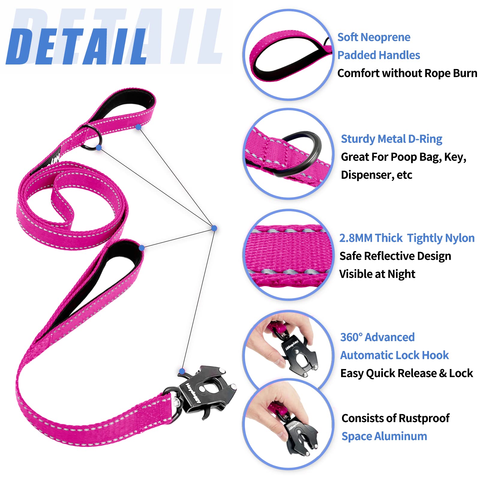 Strong Heavy Duty Dog Leash - 6Ft Reflective Nylon Training Leash With Soft Padded Double Handle & Auto Lock Frog Clip, Safety T