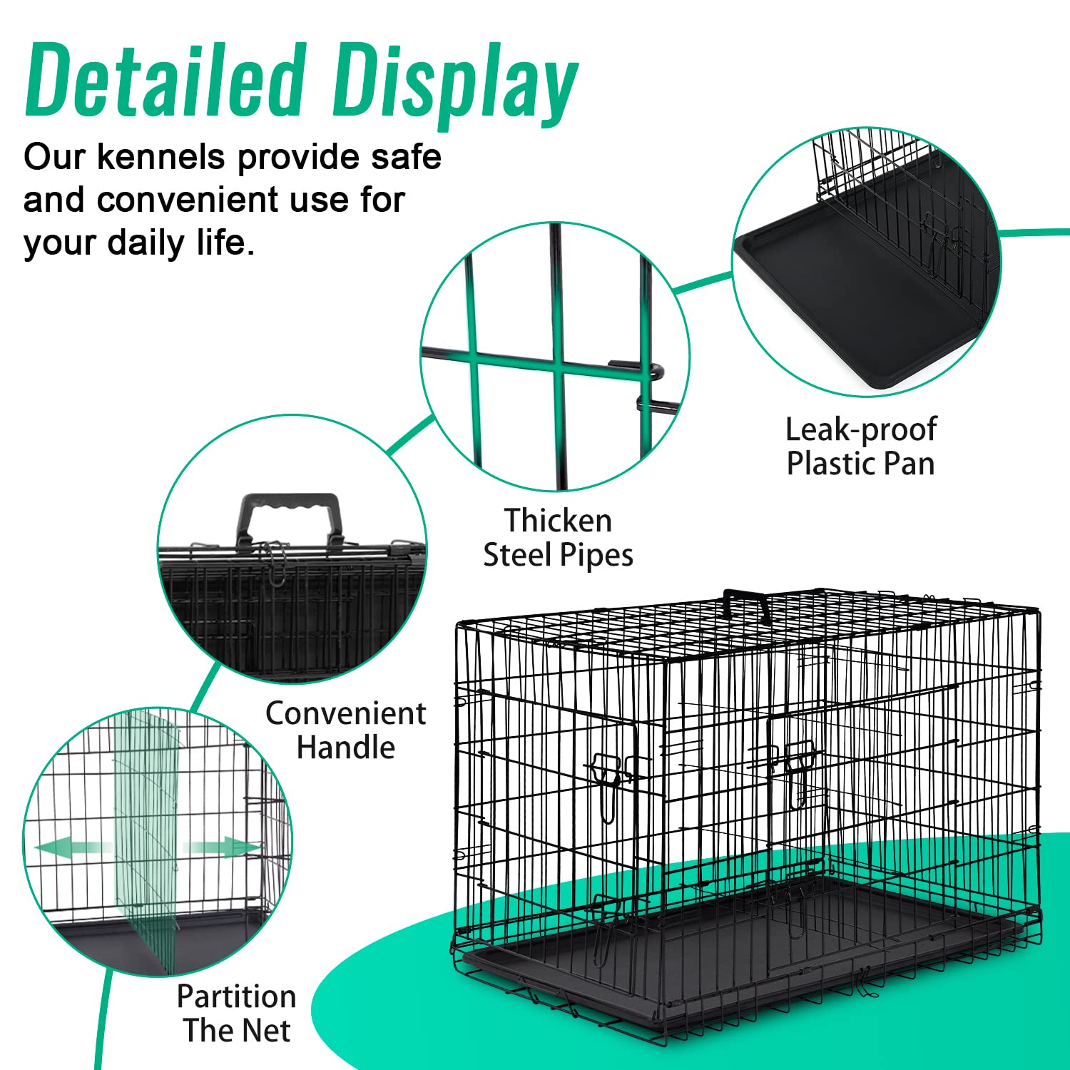 Fdw Dog Crate Dog Cage Pet Crate For Large Dogs 42Inch Folding Metal Pet Cage Double Door W/Divider Panel Indoor Outdoor Dog Kennel Leak-Proof Plastic Tray Wire Animal Cage