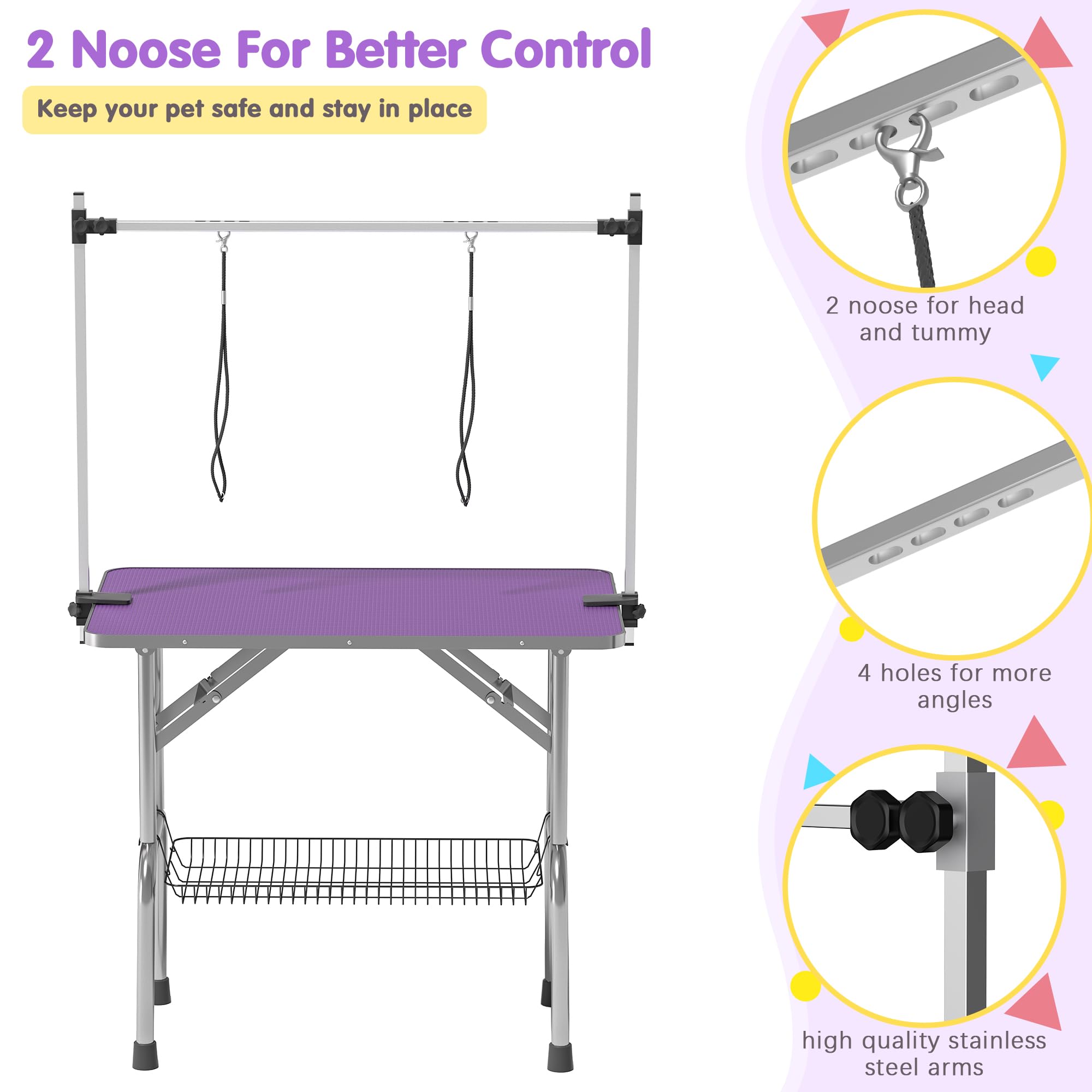 Dog Grooming Table, Adjustable Large Pet Drying Desktop, Foldable Bathing Desk with Arms, Noose, Mesh Tray, Maximum Capacity Up