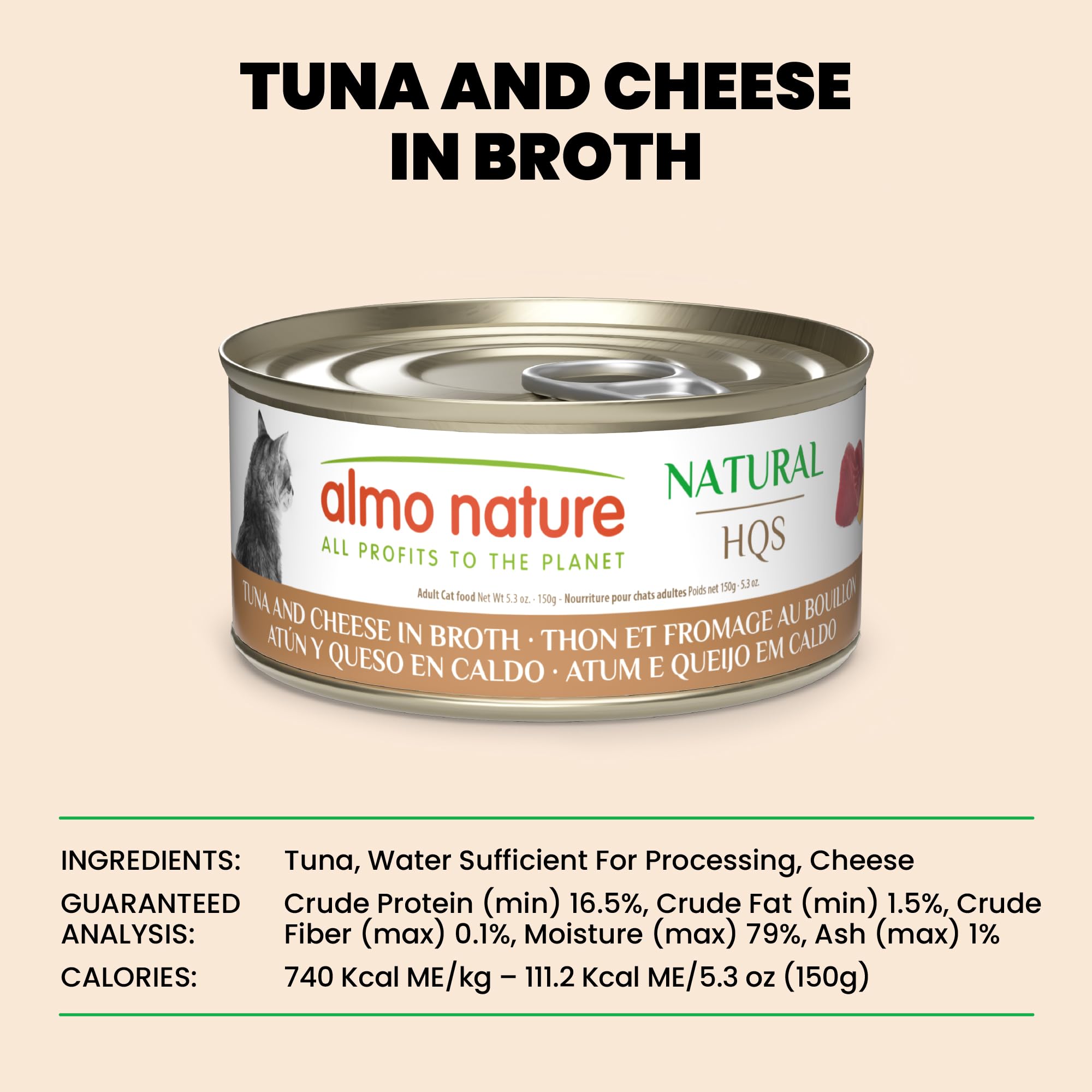 almo nature HQS Natural Wet Cat Food Tuna and Cheese in Broth, Grain-Free, 5.29 oz ((Pack of 24))