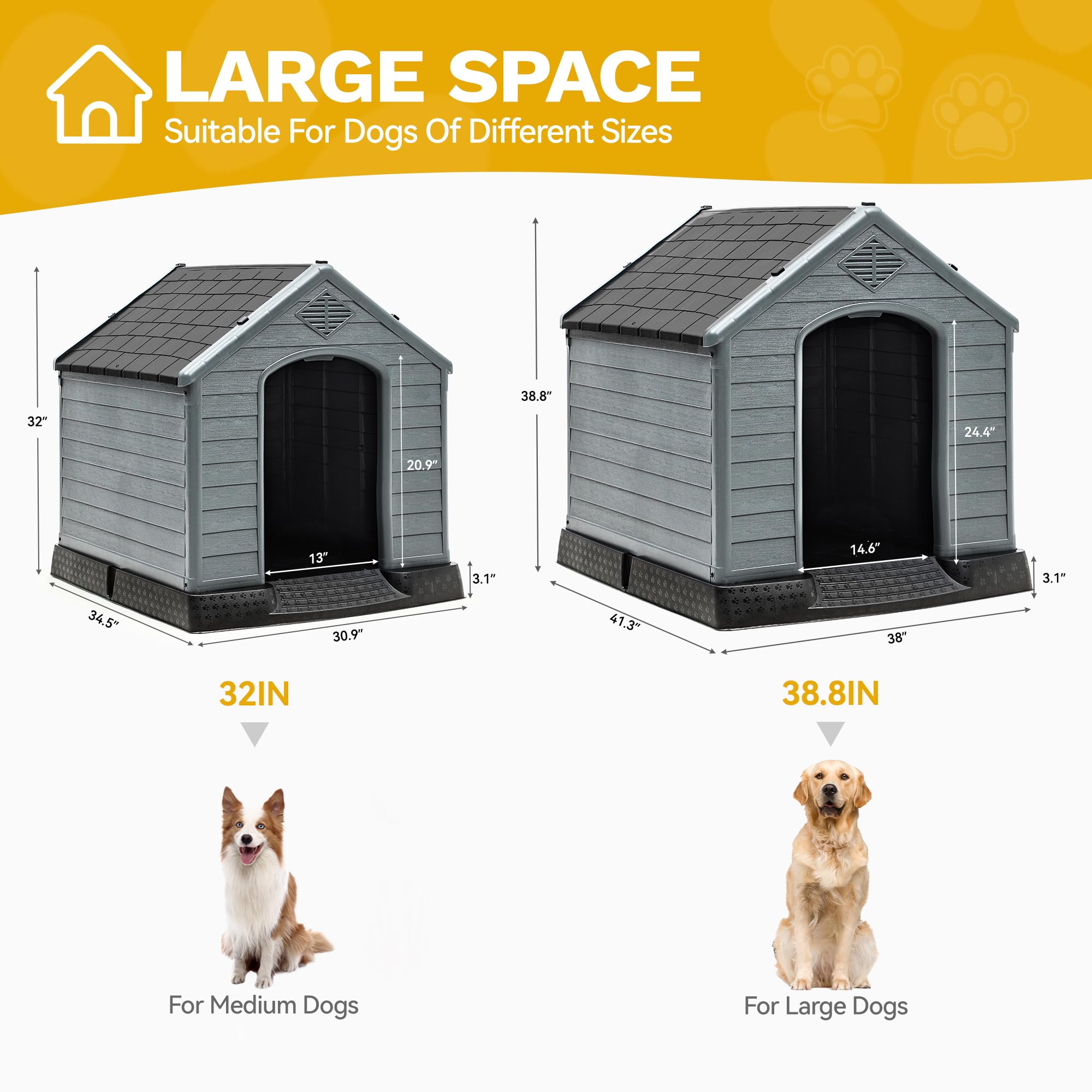 DWVO Spacious Plastic Dog Shelter, Weatherproof Outdoor/Indoor Doghouse, Puppy Kennel with Air Vents and Elevated Floor, 41.3L