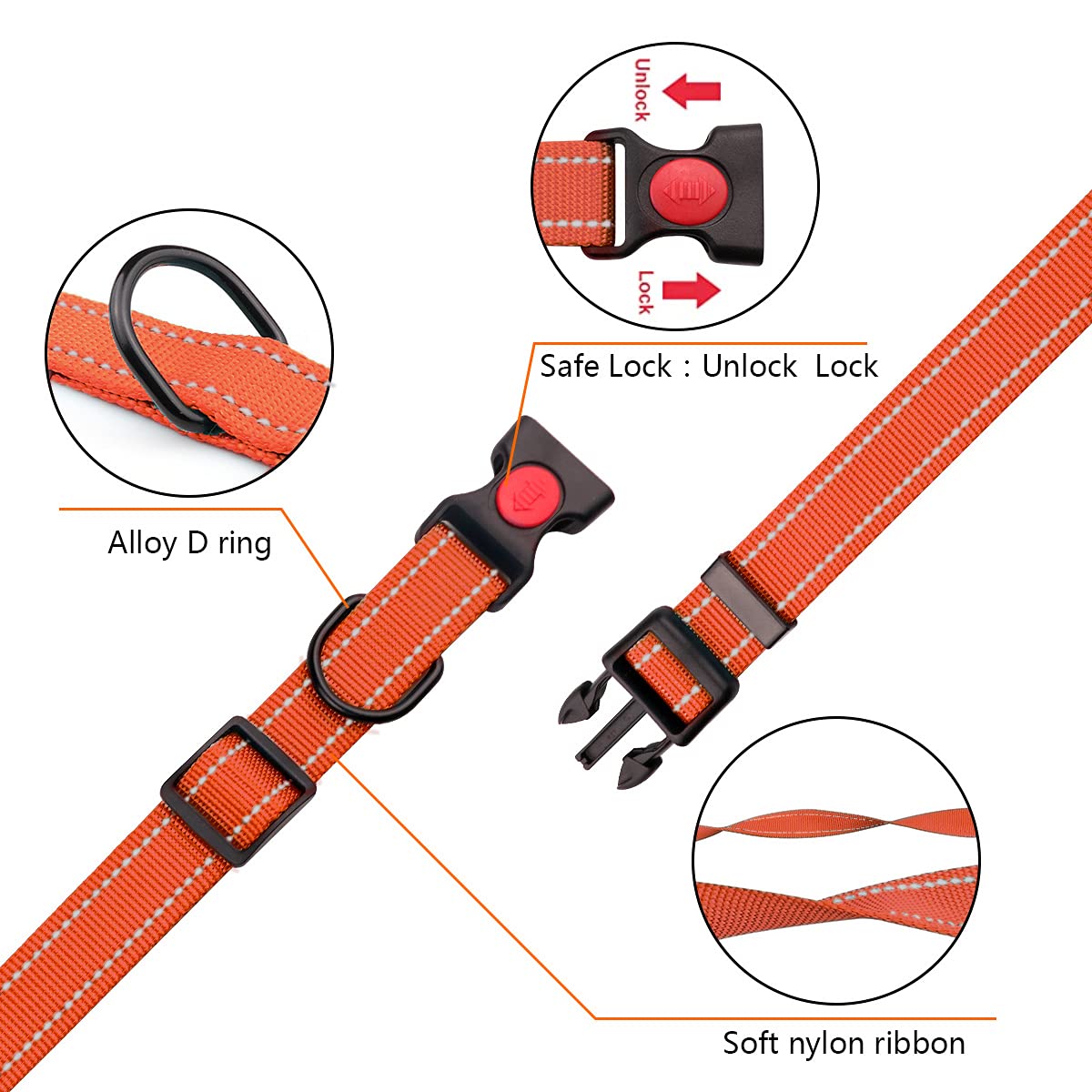 Reflective Dog Collar And Leash Set With Safety Locking Buckle Nylon Pet Collars Adjustable For Small Medium Large Dogs 3 Sizes(Orange&S)