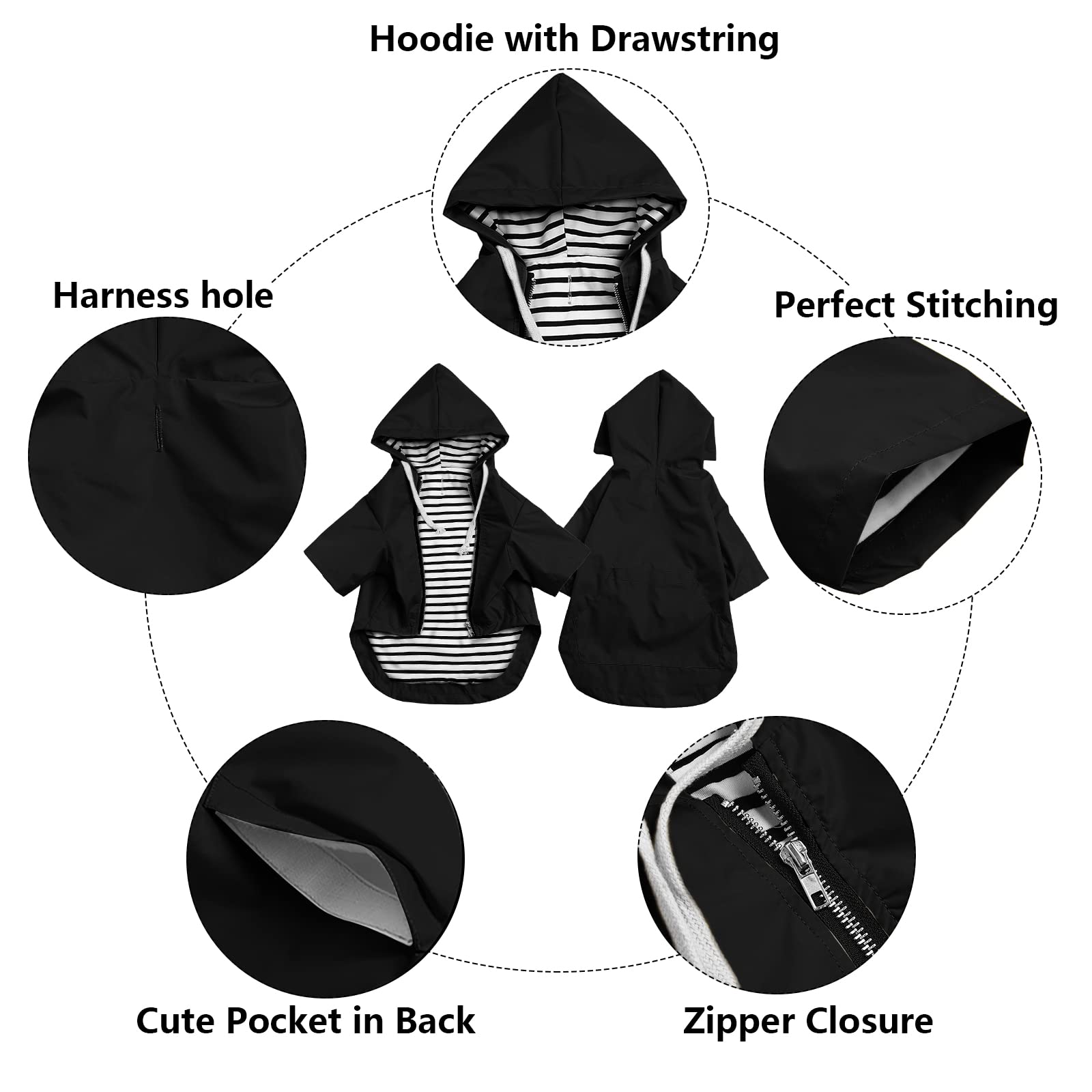 Dog Raincoat Waterproof Puppy Rain Jacket With Hood For Small Medium Dogs, Poncho With Reflective Strap, Storage Pocket And Harness Hole - Black - S