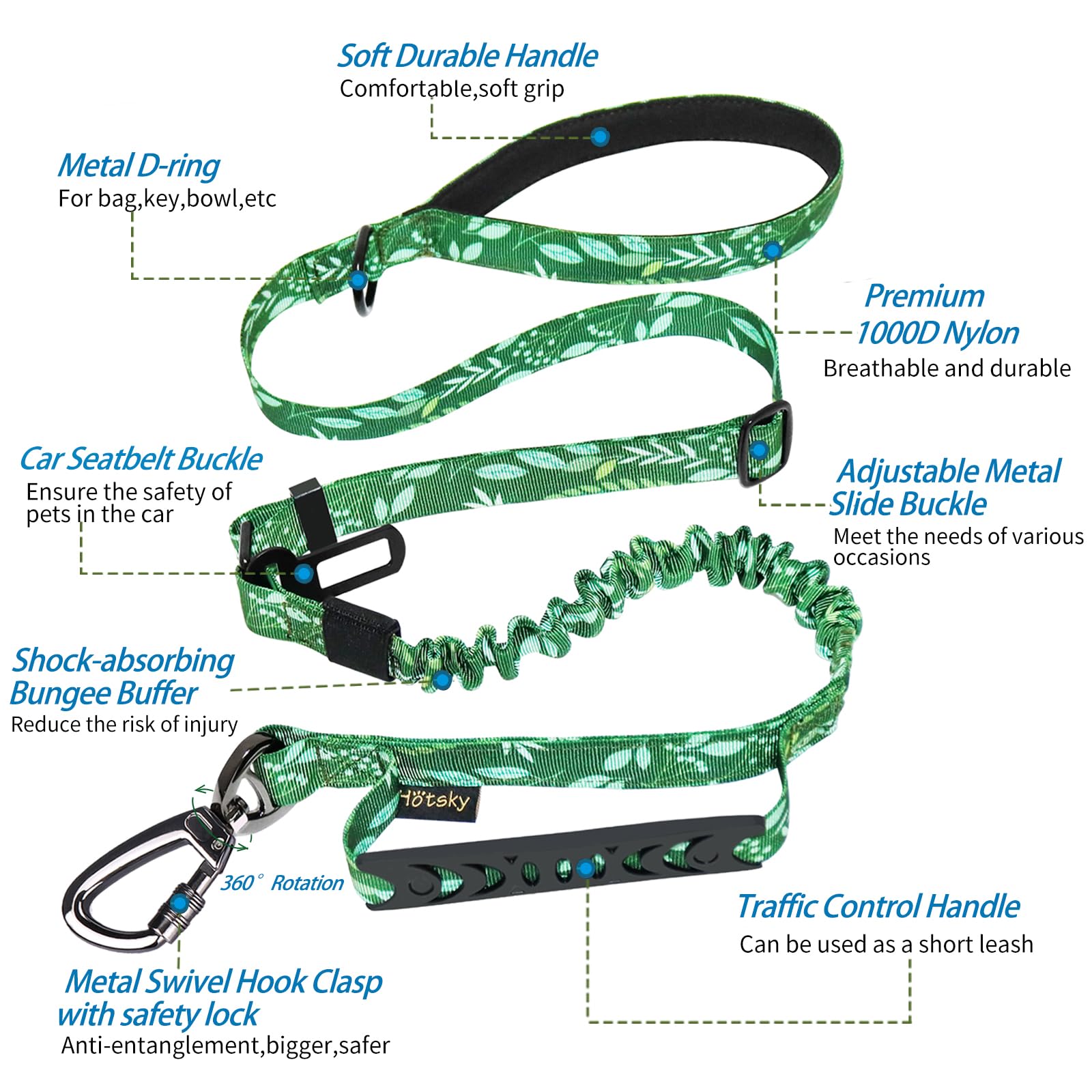 Hotsky Heavy Duty Bungee Dog Leash with Double Handle, 4Ft-6Ft, Shock Absorbing, Rubber, Green for Medium Large Dogs