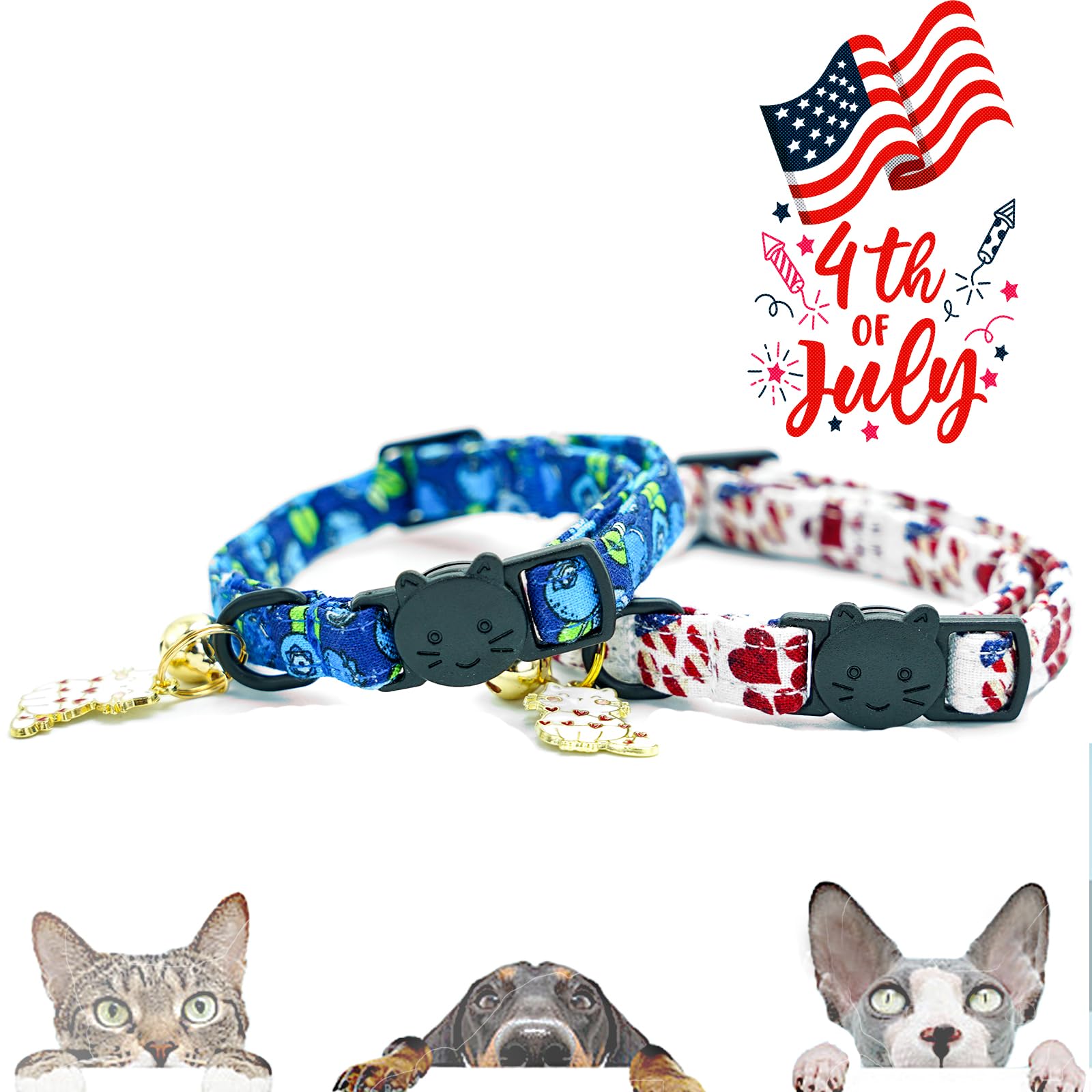 Elegant Little Tail 2 Pack Cat Collar- Blueberry Cotton Breakaway Cat Collars With Bell Pendant Kitten Boy Girl Safety Adjustabl