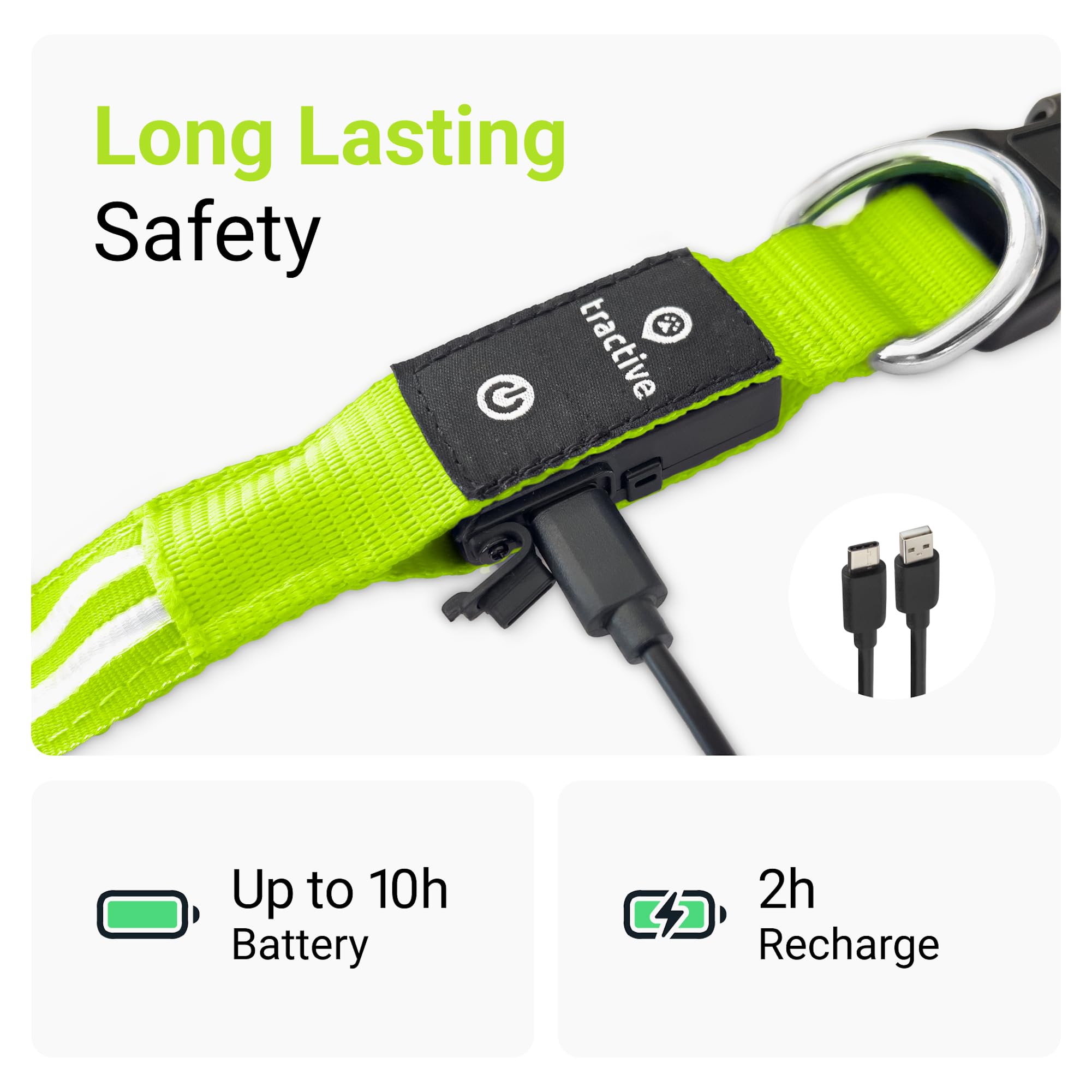 Tractive Led Light Up Dog Collar Usb Rechargeable Waterproof (Green)