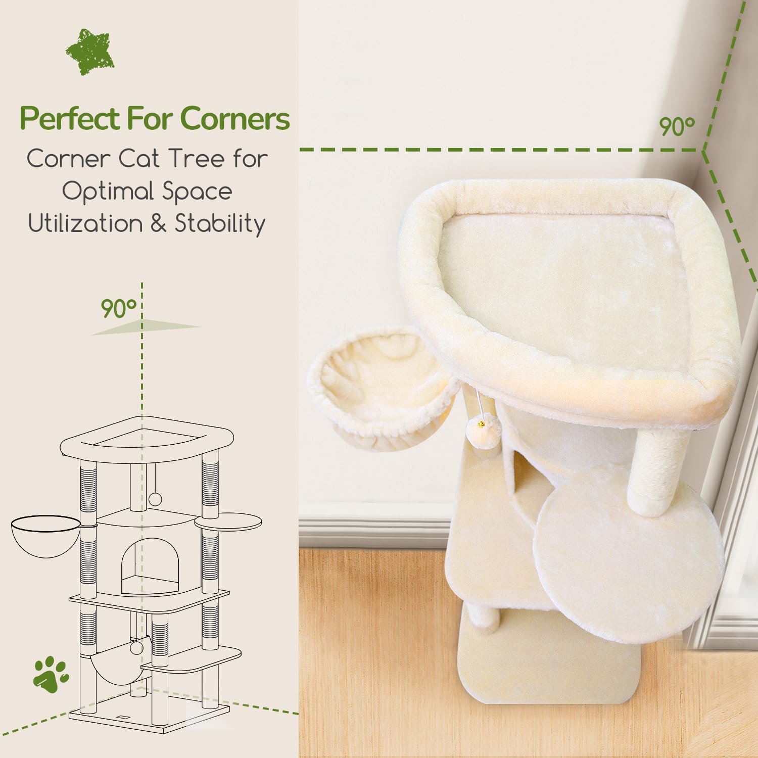 Globlazer C51 Corner Cat Tree For Large Cats, 51In Curved Series Modern Cat Tower For Indoor Cats With Hammock, 7 Sisal Scratchi