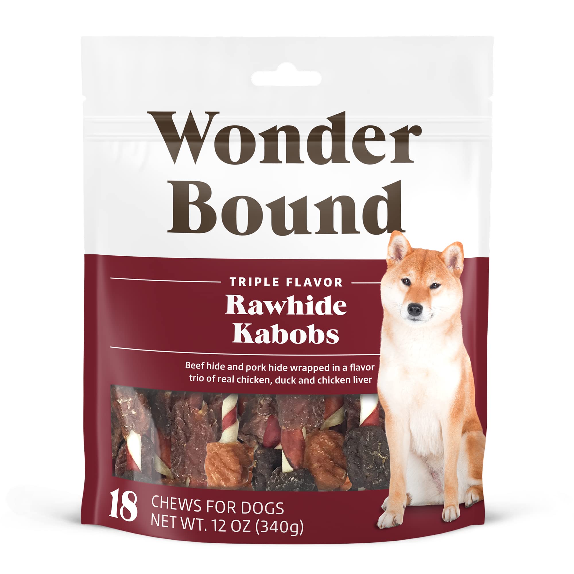 Amazon Brand - Wonder Bound Triple Flavor Chicken Rawhide Kabobs for Dogs, 12 oz., Pack of 18