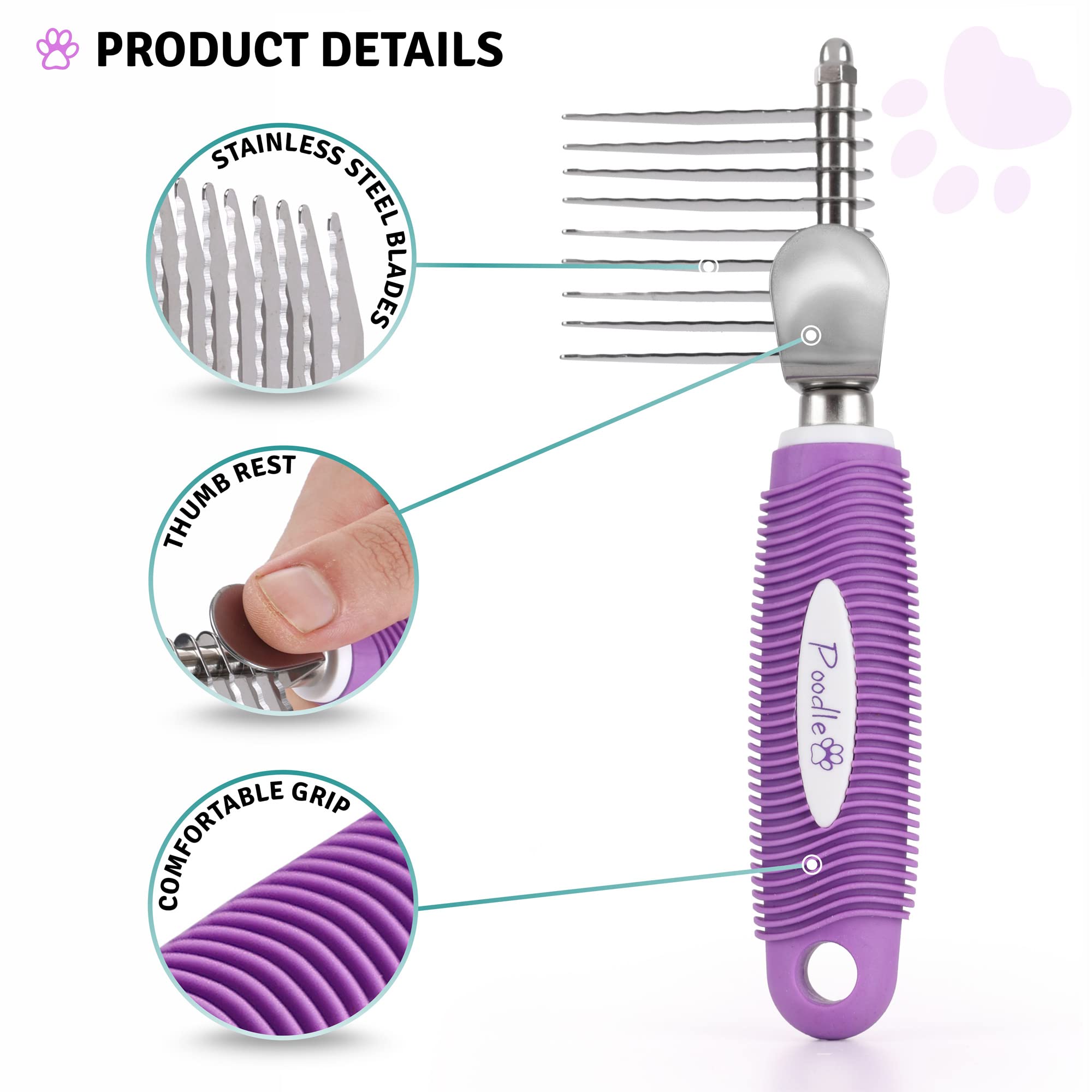Poodle Dematting Fur Rake Comb Brush For Dogs And Cats - Long 2.5' Steel Safety Blades Metal Comb For Detangling Matted Or Knotted Undercoat Hair