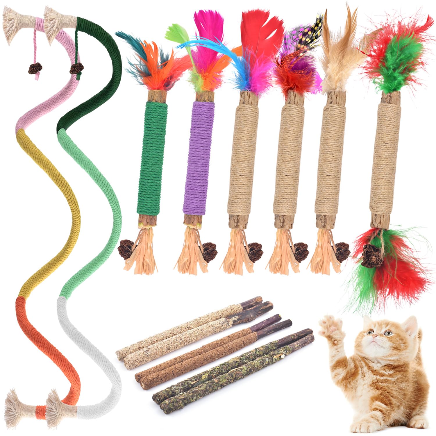 TINDTOP Cat Chew Toys, 12 Pack Silvervine Chew Sticks with 2 Pack Chew Ropes for Kittens Teeth Cleaning, Increase Appetite, Aggr