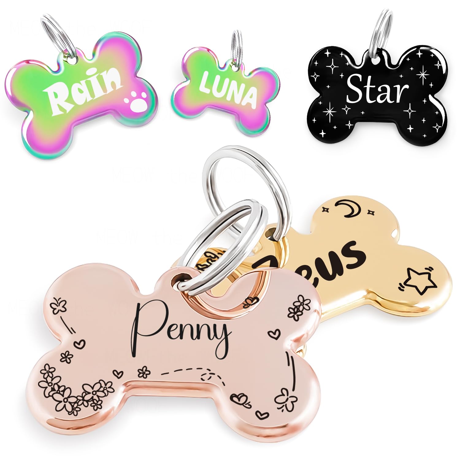 Meow The Woof Flower Crown Pattern Art Design - Customizable Bone Cats Dogs Id Tags - Stainless Steel Deep Engraving