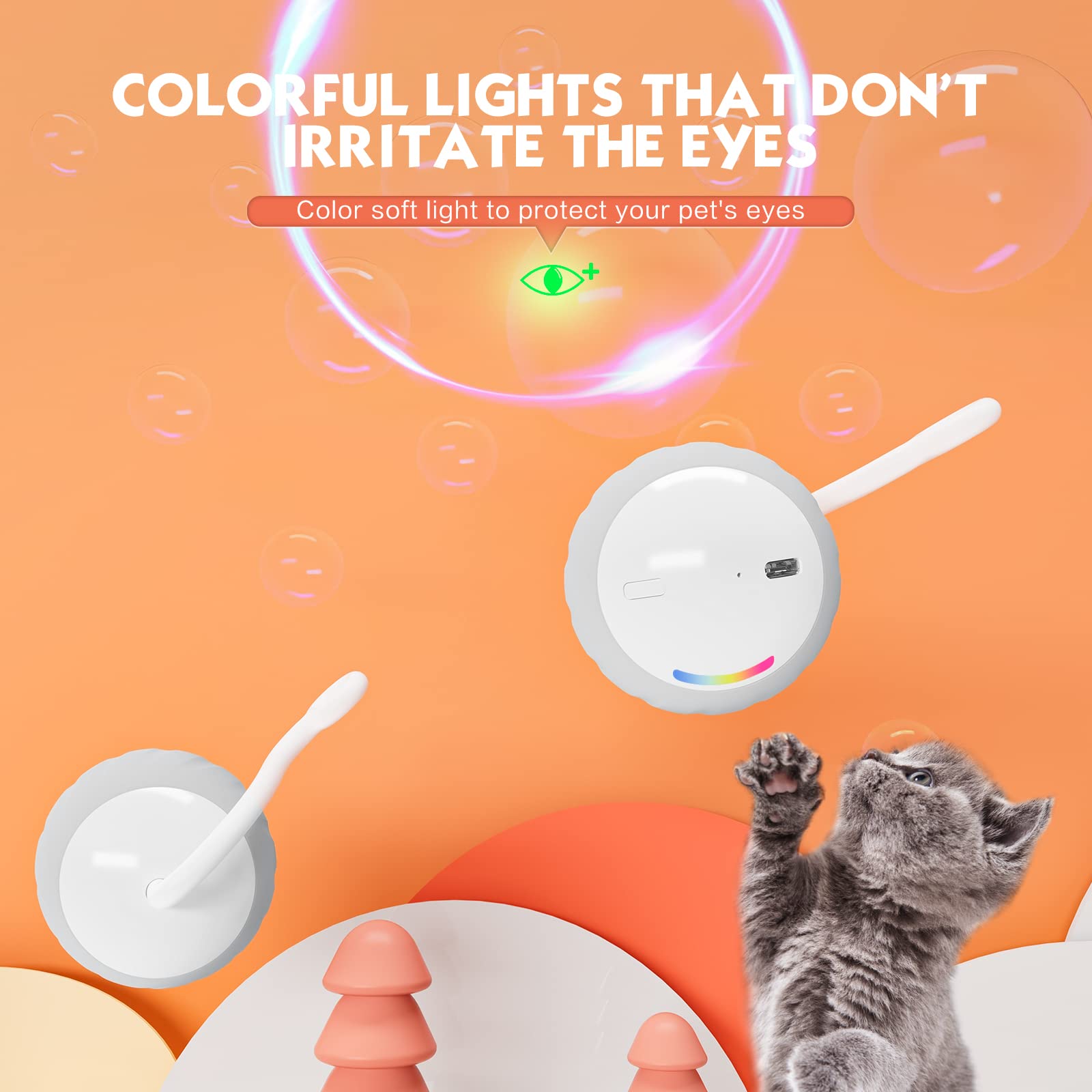 AAA AMUSANG Interactive Cat Ball Toy - USB Rechargeable, LED Lights, Grey, Medium, ABS & Silicone, Sound Activated, 2 Speeds for Cats