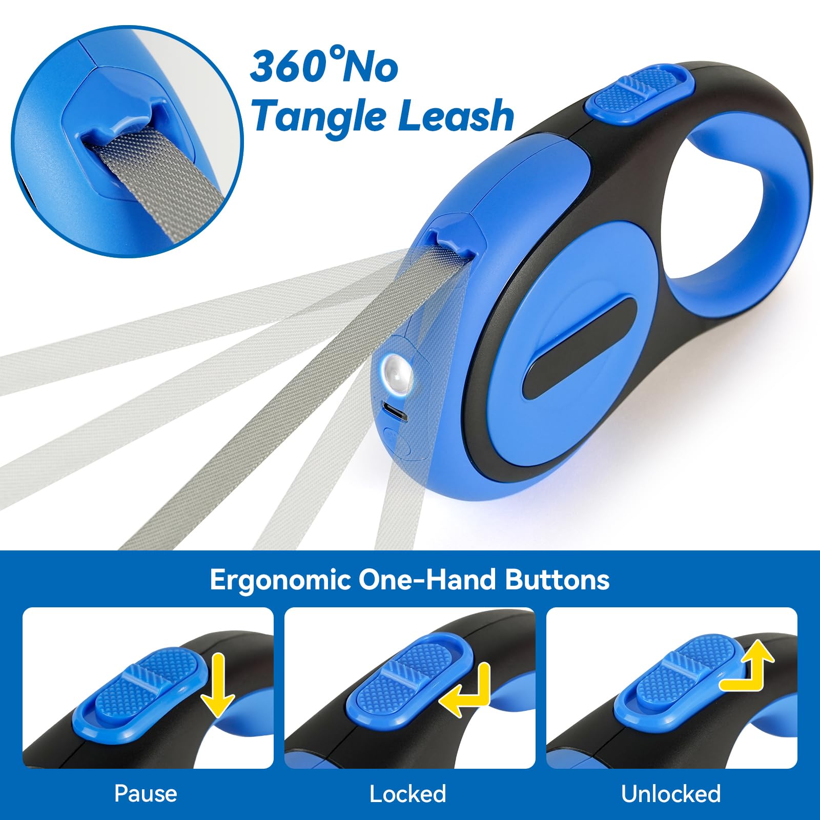 Odriew Retractable Dog Leash For Small Dogs-Medium Pet, 16Ft For Dog Up To 75Lbs, With Rechargeable Led Light, Dispenser, Poop B