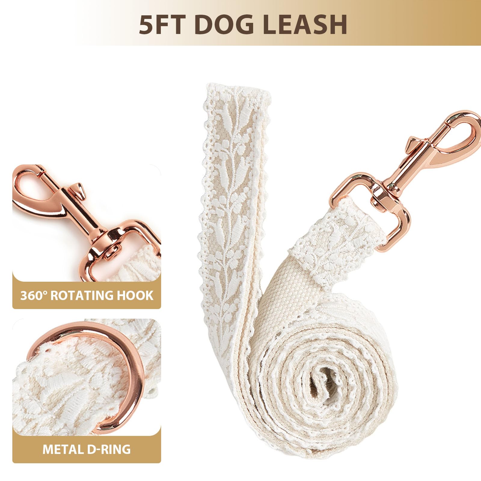 Hqrea Fashion Flowers Embroidered Premium Lace Dog Collar Set With Metal Clasp Leash - Adjustable For Small, Medium, Large Dogs,