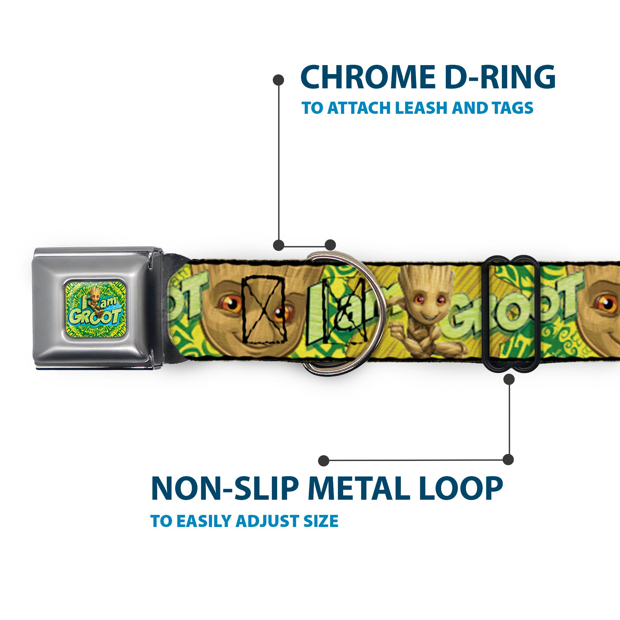 Buckle-Down Dog Collar Seatbelt Buckle Baby Groot Pose Face I Am Groot Browns Greens Yellows 16 To 23 Inches 1.5 Inch Wide, Multi Color (Dc-Sb-Mcjp-Wmc185-1.5-M)
