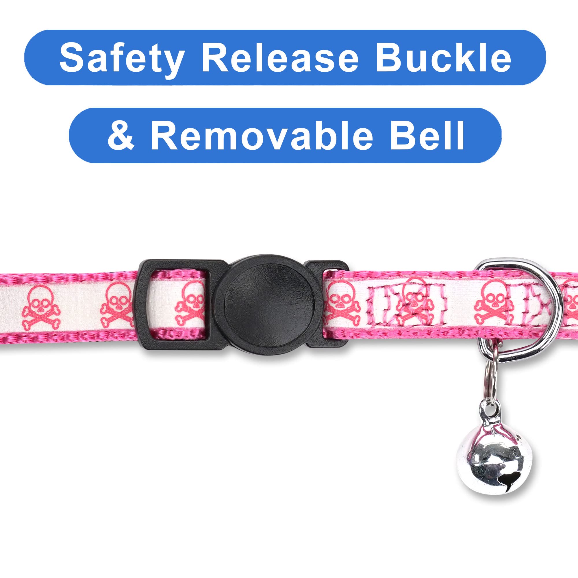 Pawtitas Halloween Cat Collars For Cats Adjustable Collar Glow In The Dark Feature And Safety Breakaway Buckle And Removable Bell To Match Your Halloween Cat'S Costume - Pink Skulls Pattern