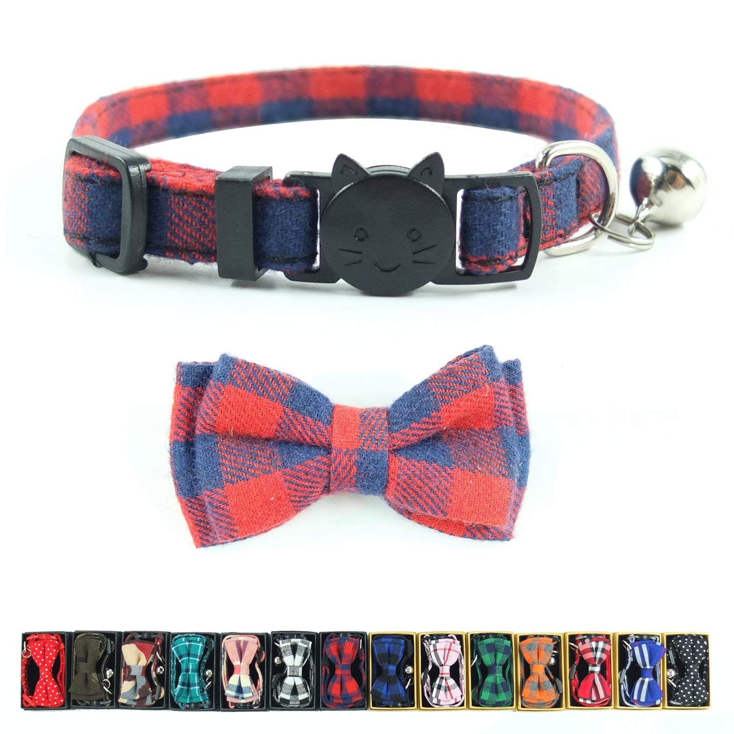 Cat Collar Breakaway With Bell And Bow Tie, Plaid Design Adjustable Safety Kitty Kitten Collars(6.8-10.8In) (Red Plaid 2)